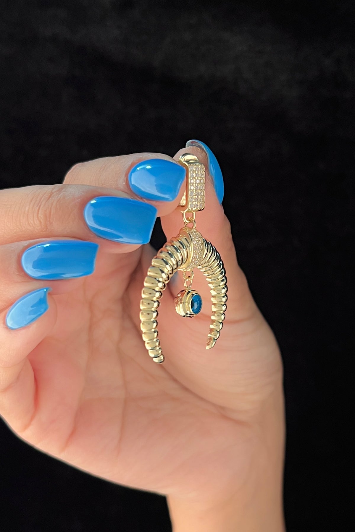 14K Gold Stone Locket Eye Detailed Inverted Moon Large Charm