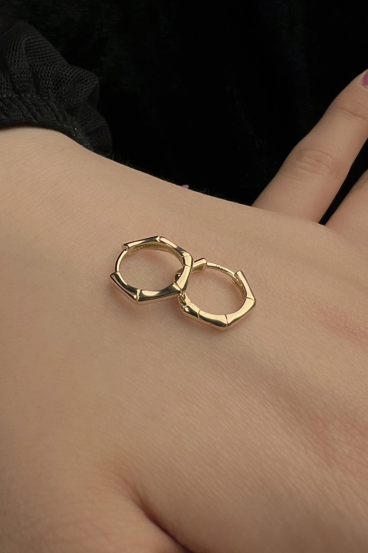 14K Gold Bone Shape Hexagon Huggie Hoop Earrings