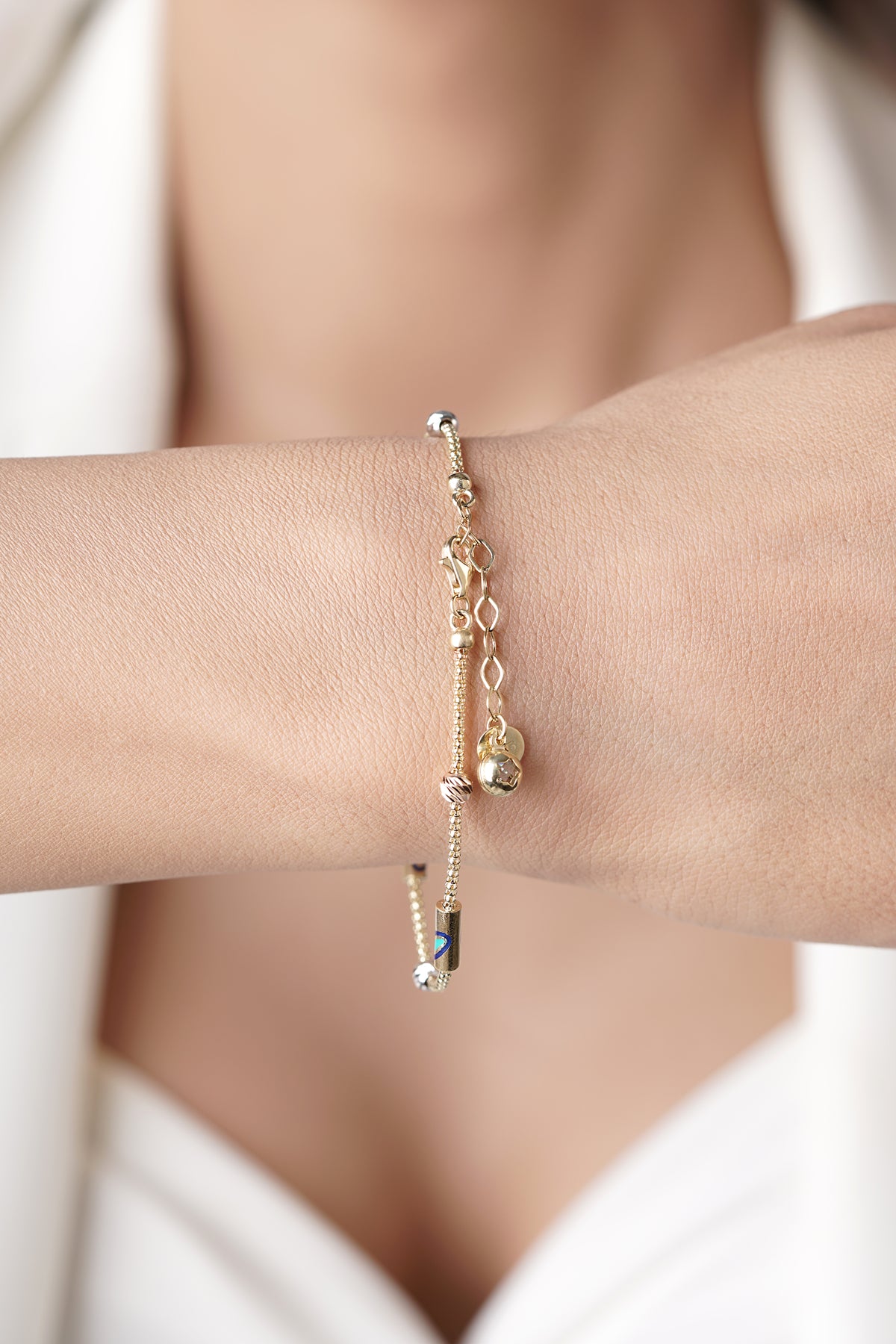 14K Gold 1 Row Evil Eye Roller Bracelet