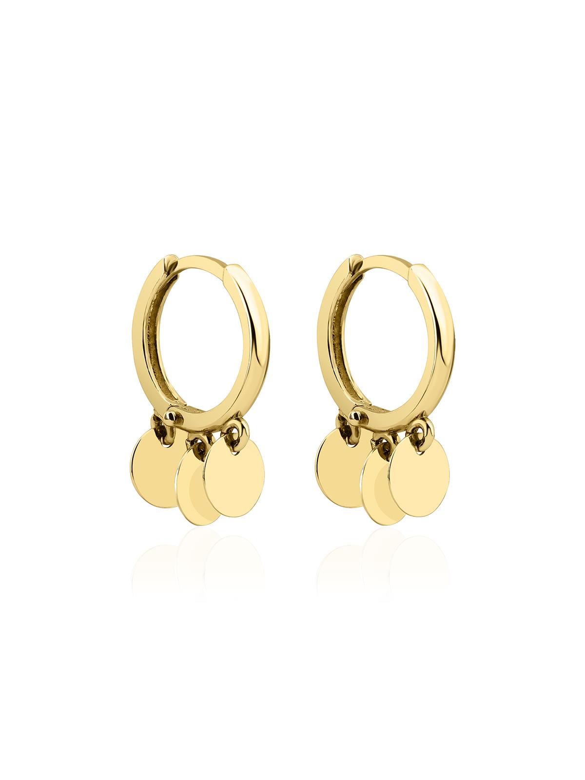 14K Gold 3 Round Sequin Dangle Huggie Earrings
