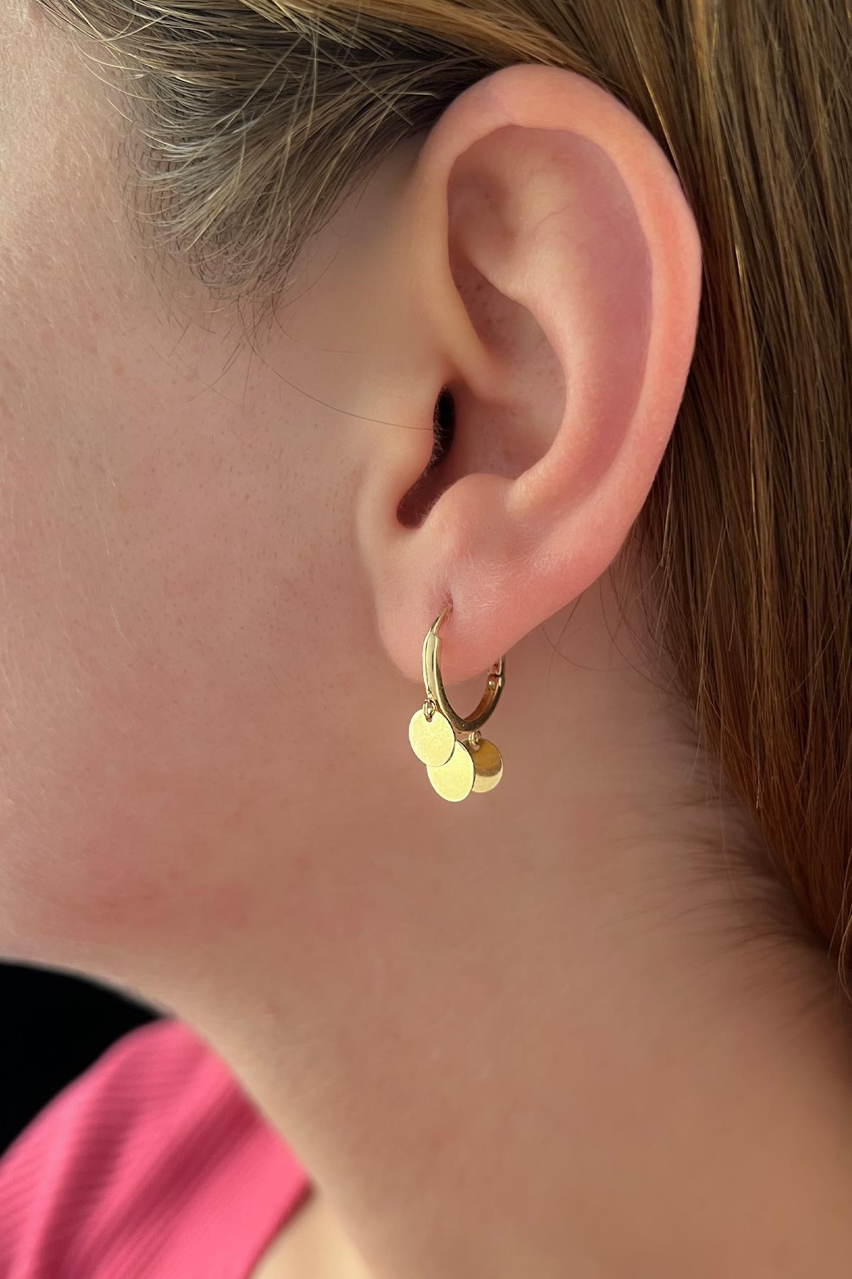 14K Gold 3 Round Sequin Dangle Huggie Earrings