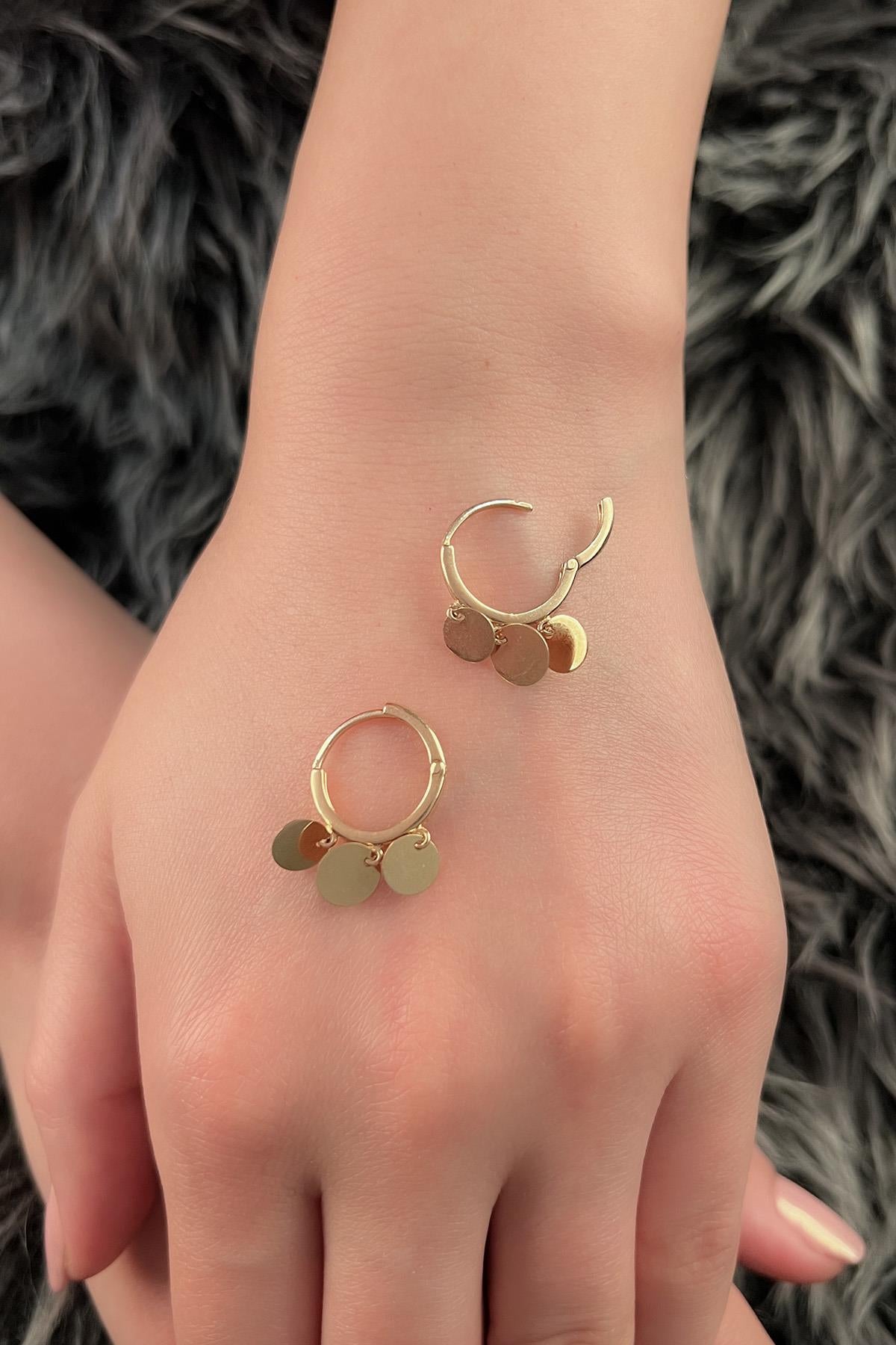 14K Gold 3 Round Sequin Dangle Huggie Earrings