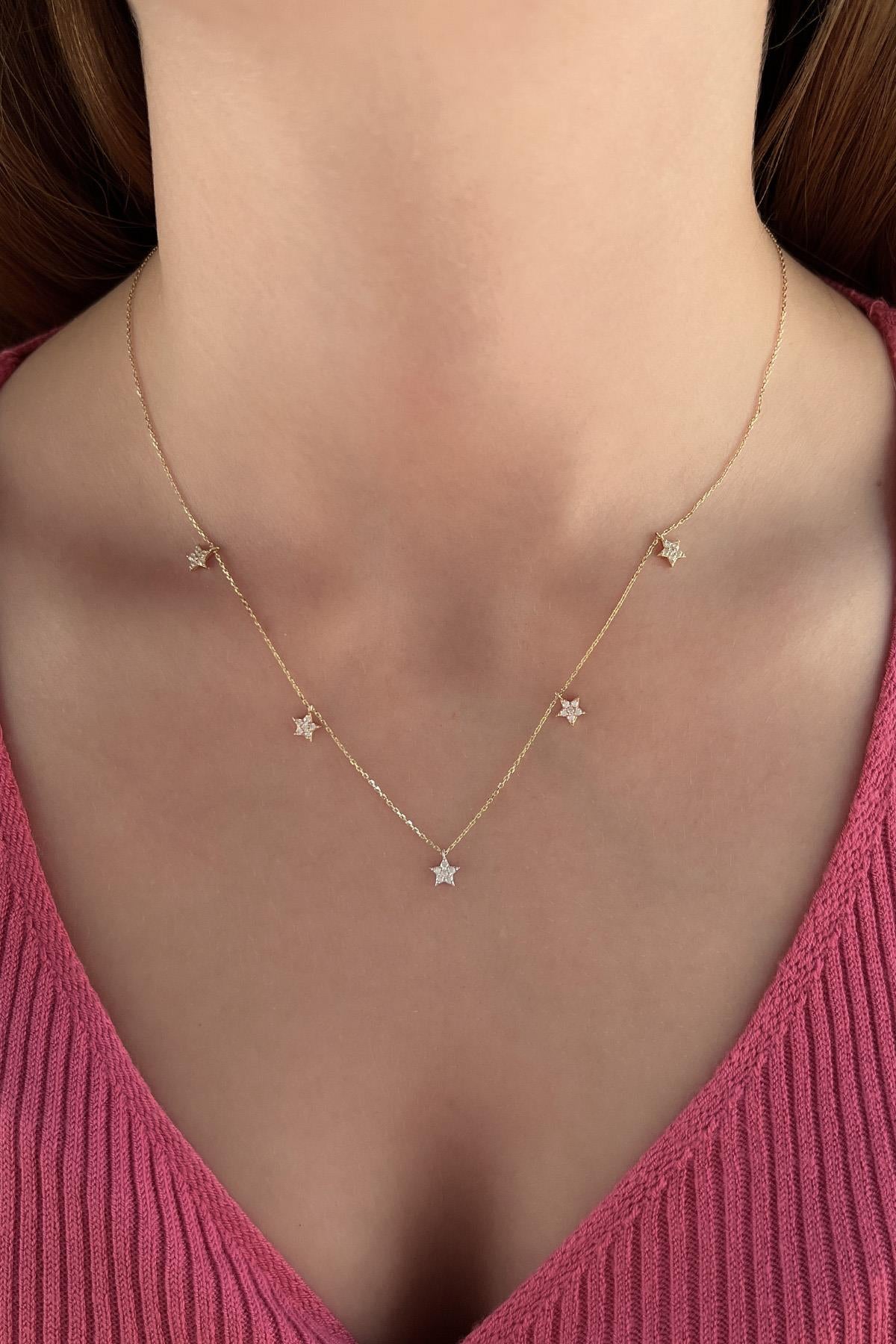 14K Gold 5 Star Stone Drop Necklace