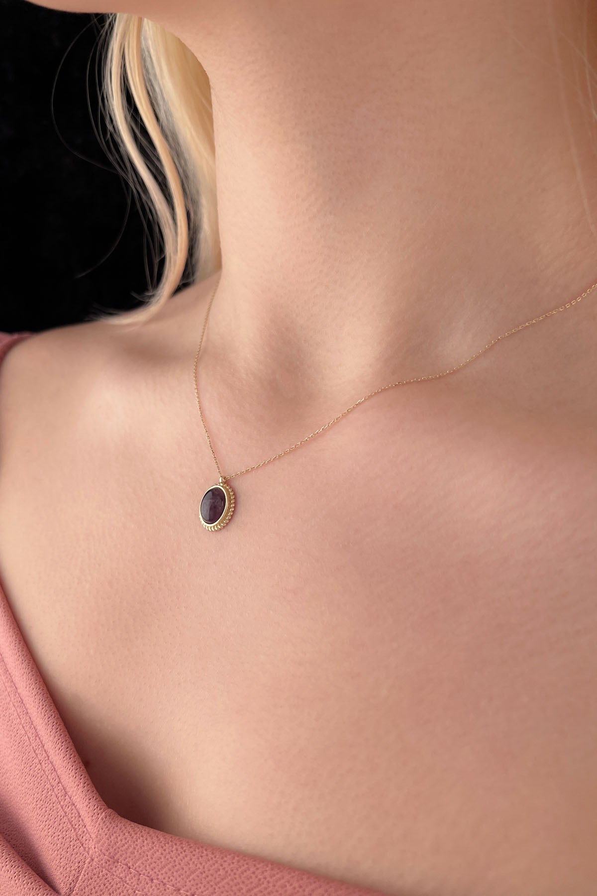 14K Gold Amethyst Stone Twisted Necklace