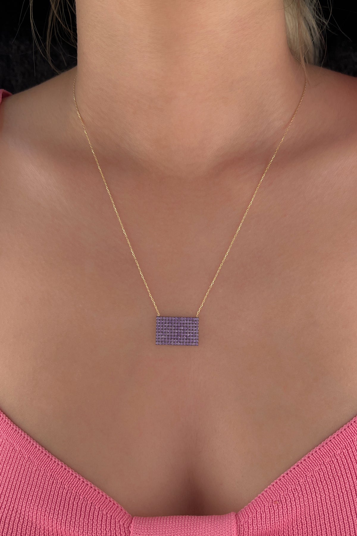 14K Gold Amethyst Stones Designed Rectangle Necklace