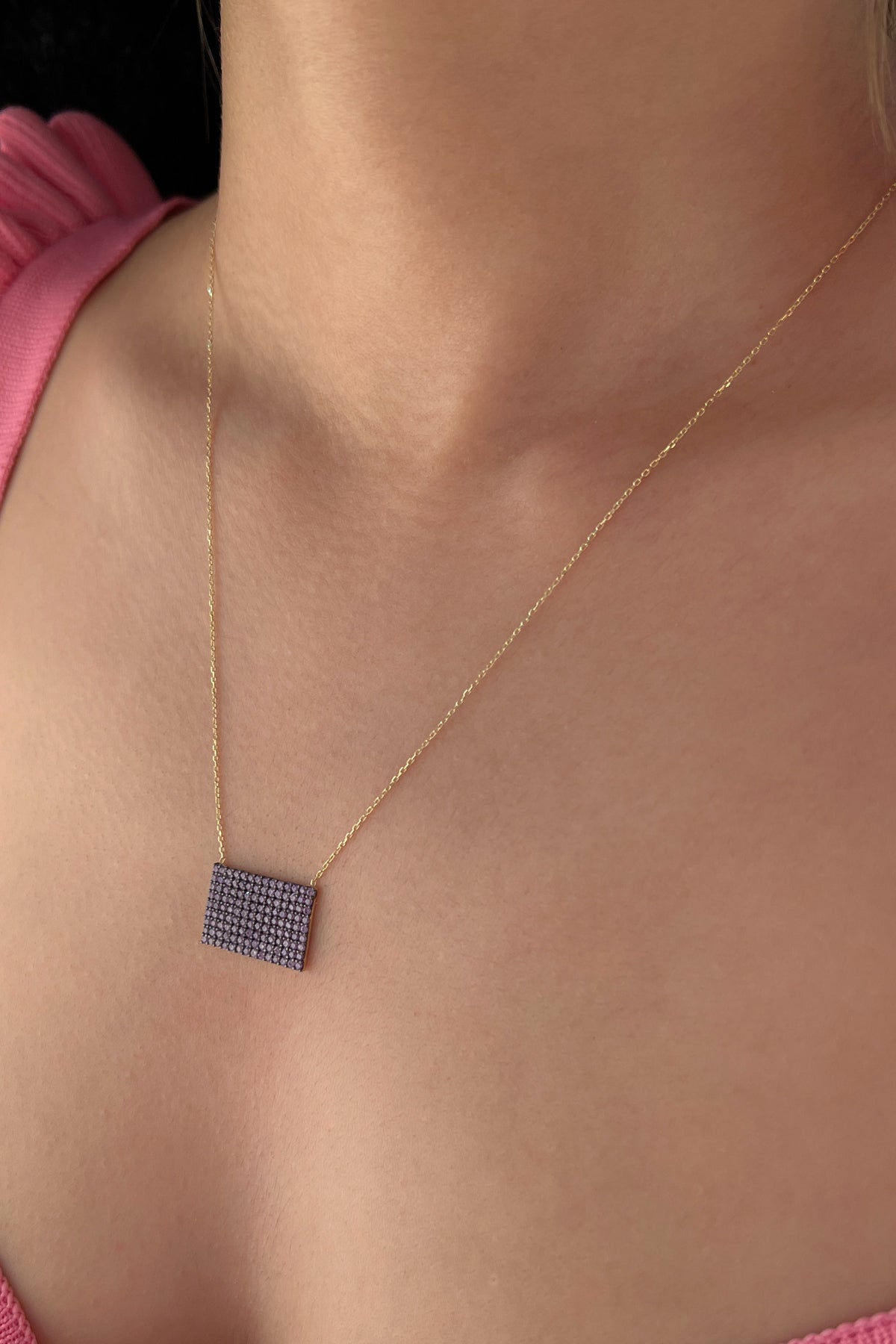 14K Gold Amethyst Stones Designed Rectangle Necklace