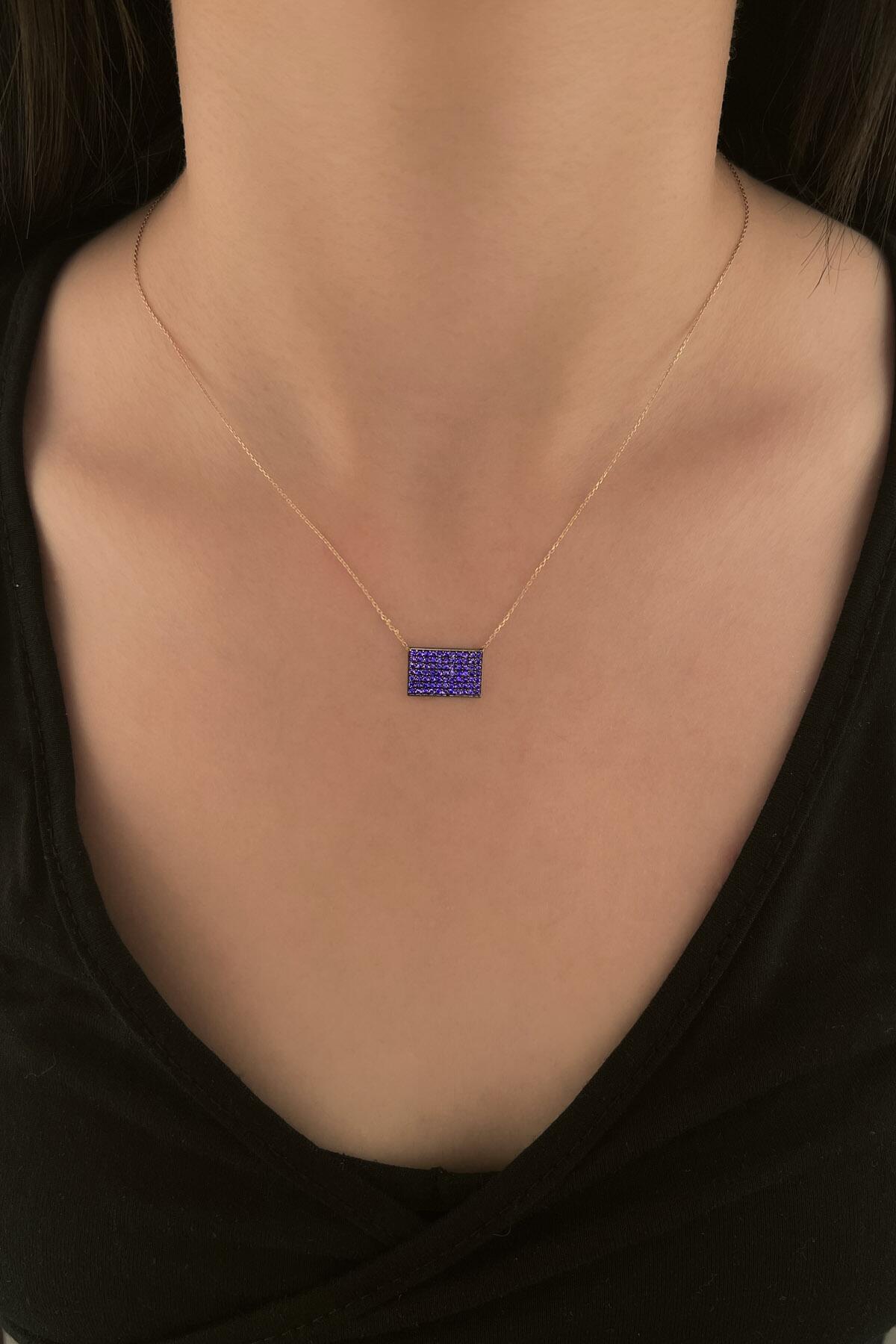 14K Gold Amethyst Stones Designed Rectangle Necklace