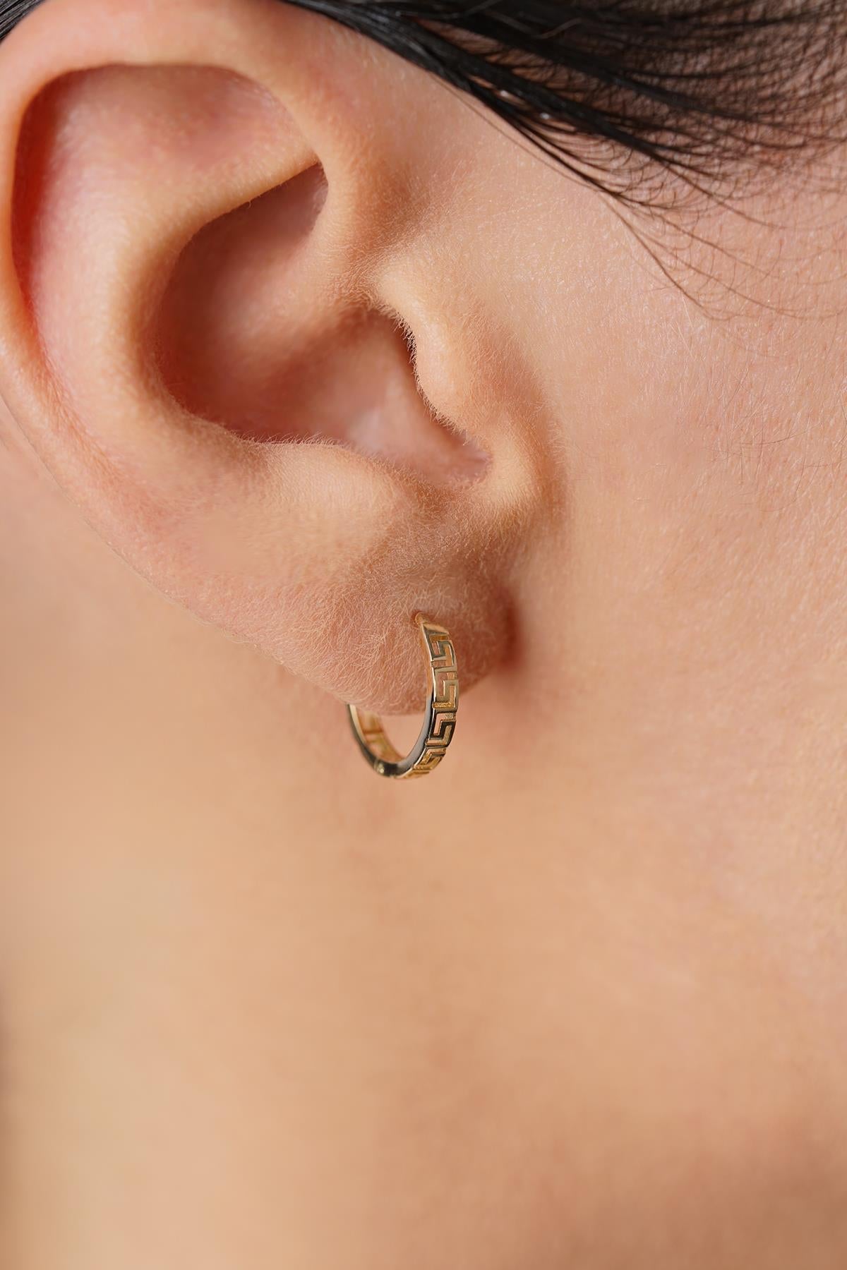 14K Gold Ancient Greek Pattern Hoops