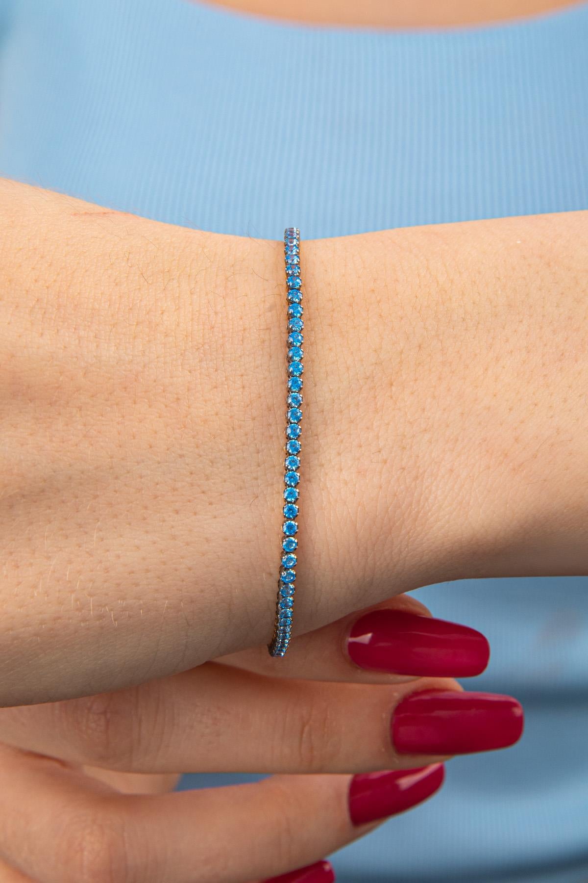 14K Gold Aquamarine Thin Tennis Bracelet