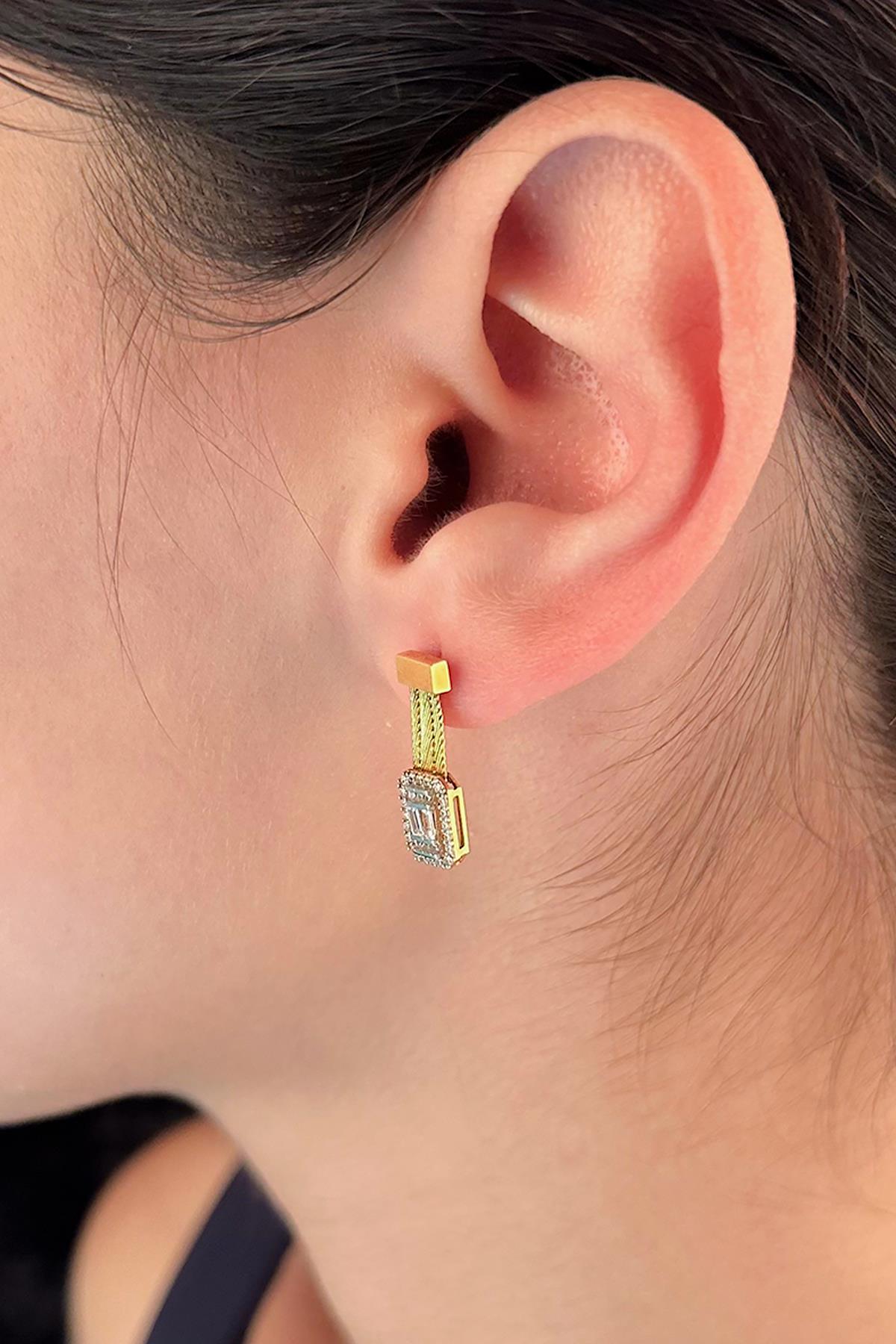 14K Gold Baguette Drop Stud Earrings