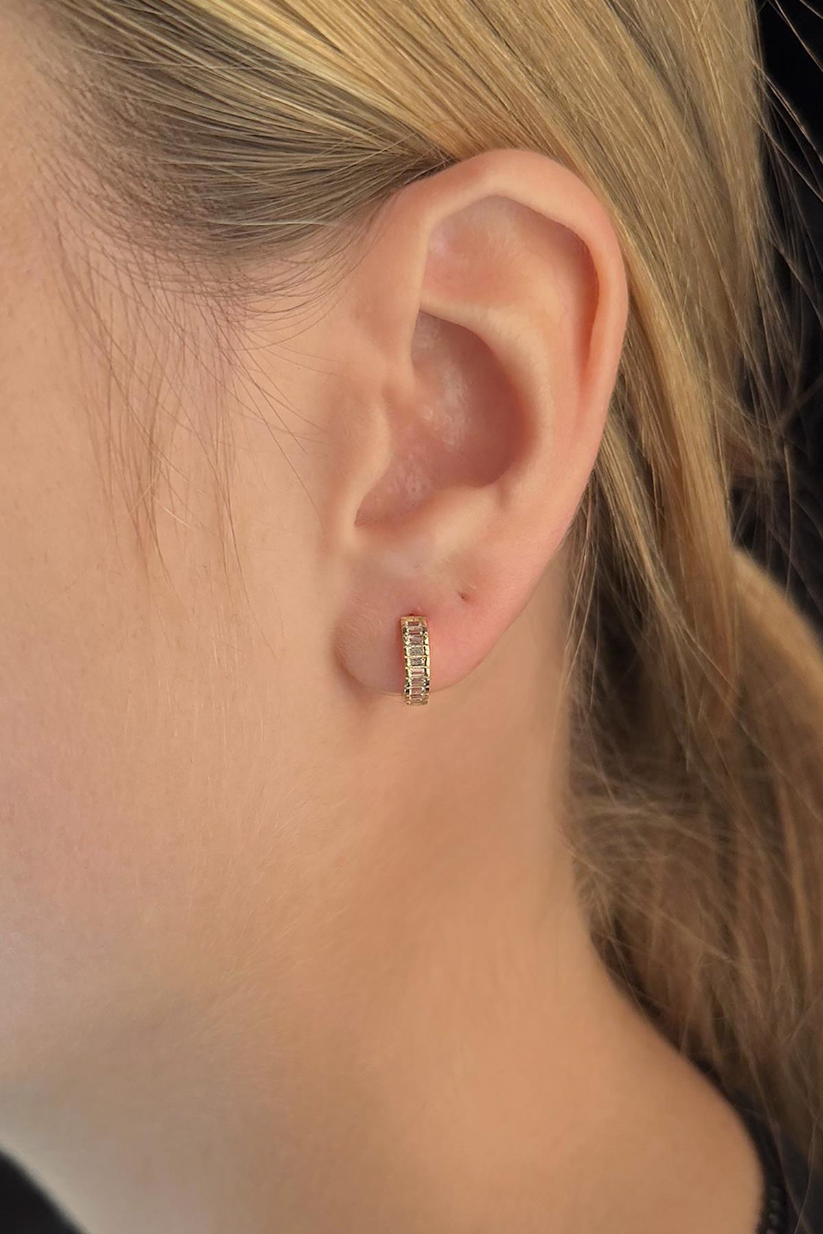 14K Gold Baguette Stone Huggie Earrings