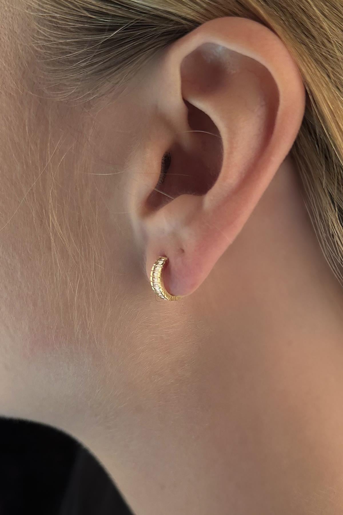 14K Gold Baguette Stone Huggie Earrings