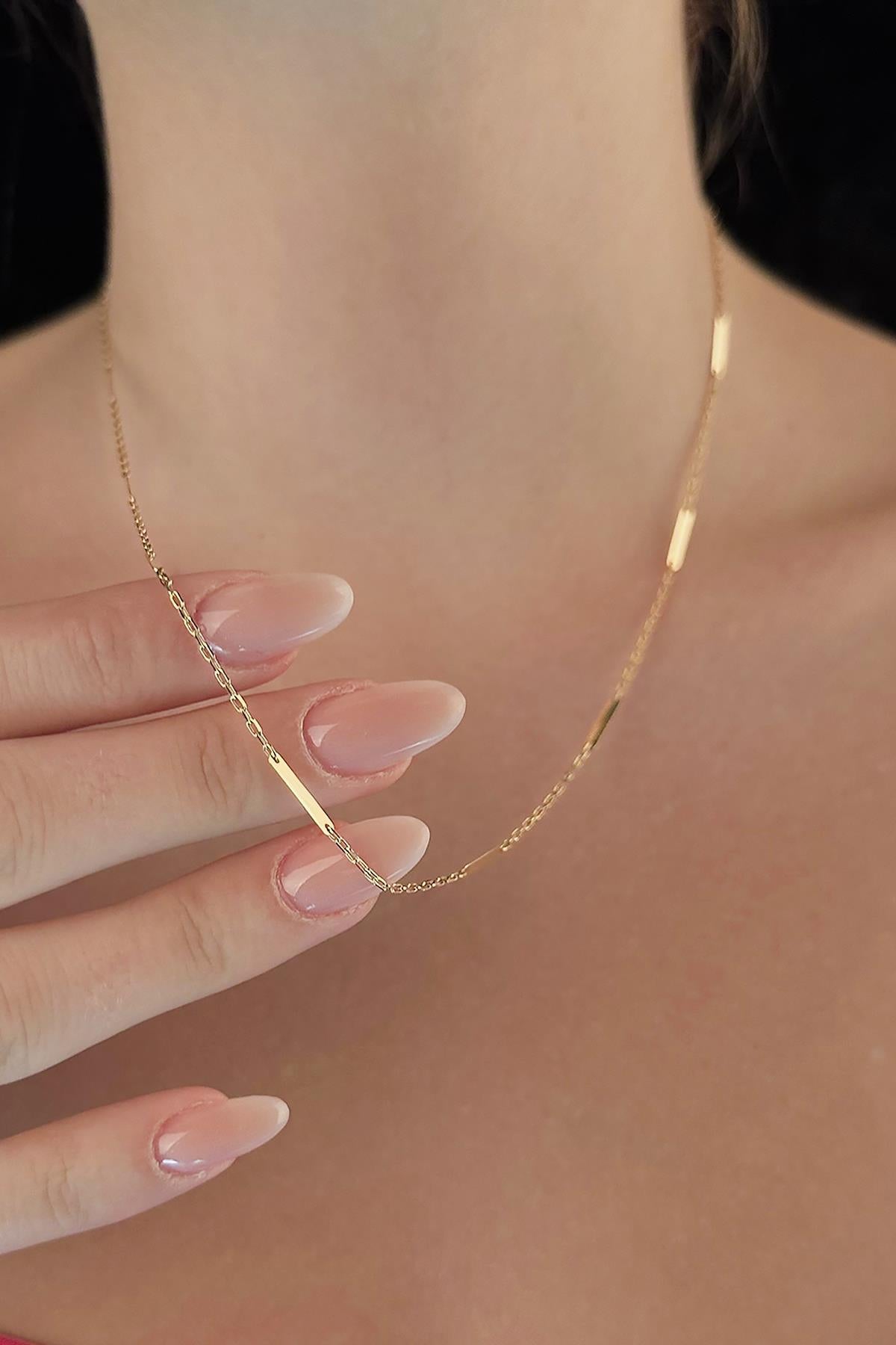 14K Gold Bar Link Station Chain