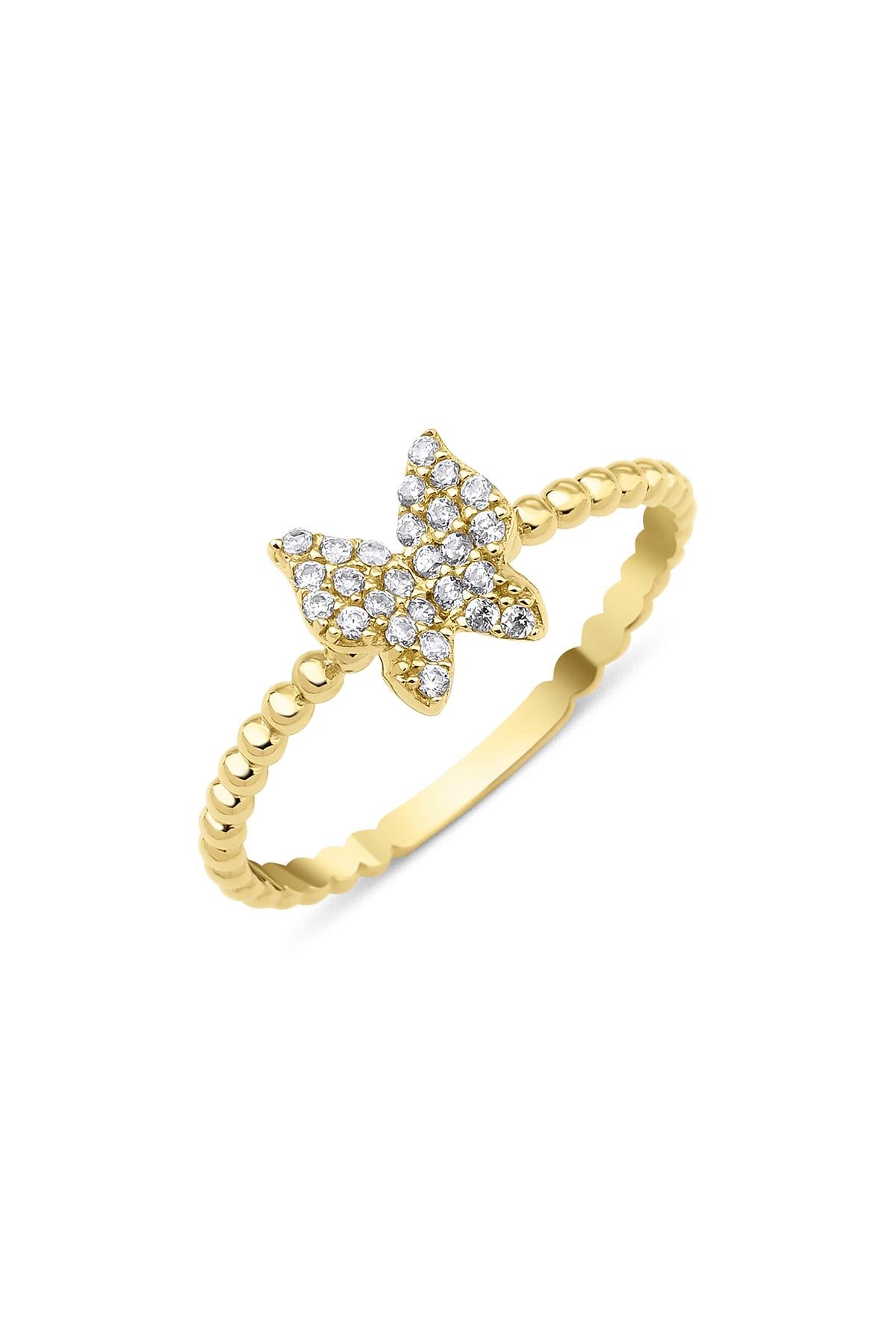 14K Gold Beaded Butterfly Ring With Stone