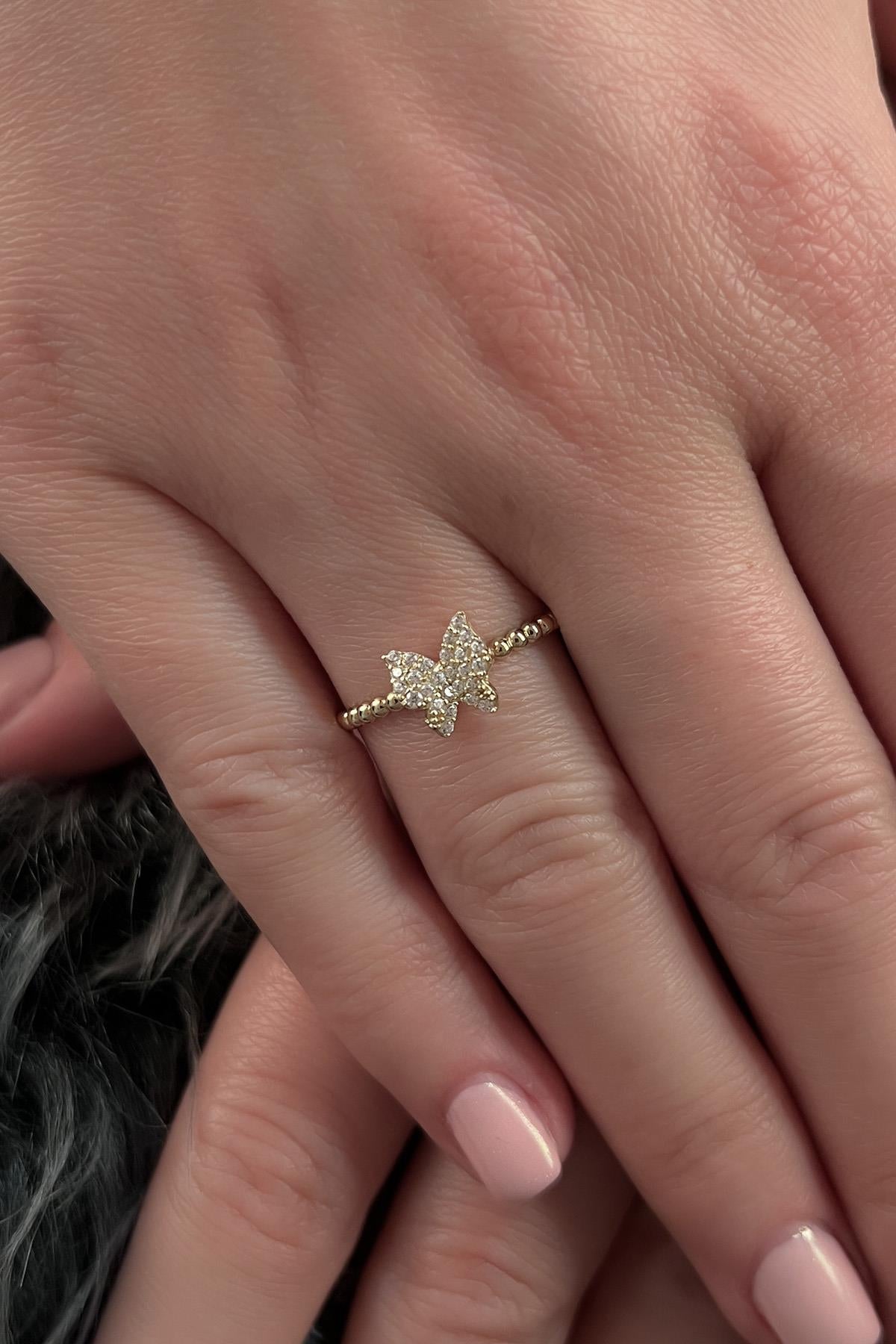 14K Gold Beaded Butterfly Ring With Stone