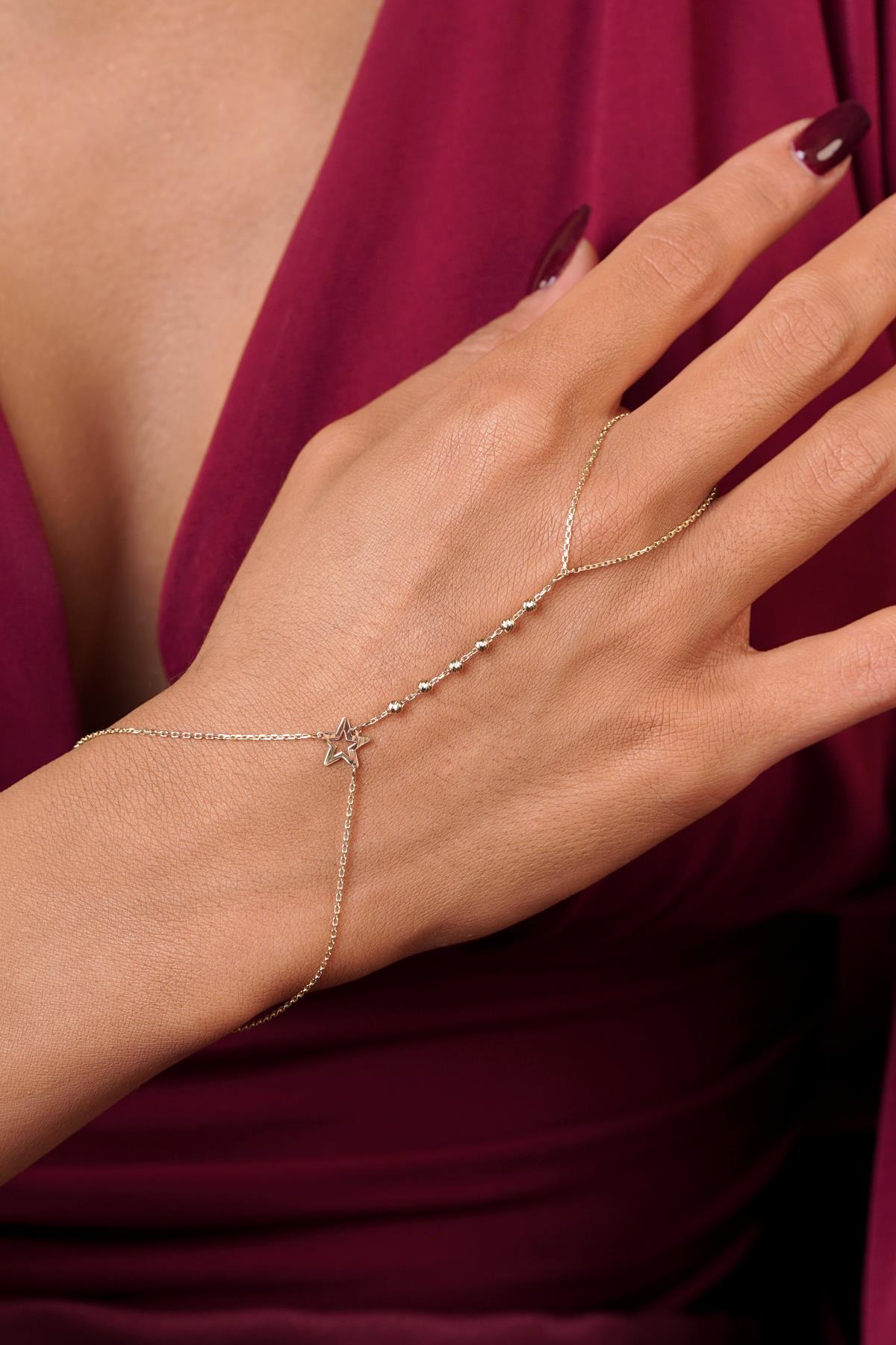 14K Gold Beaded Hand Chain with Star Detail
