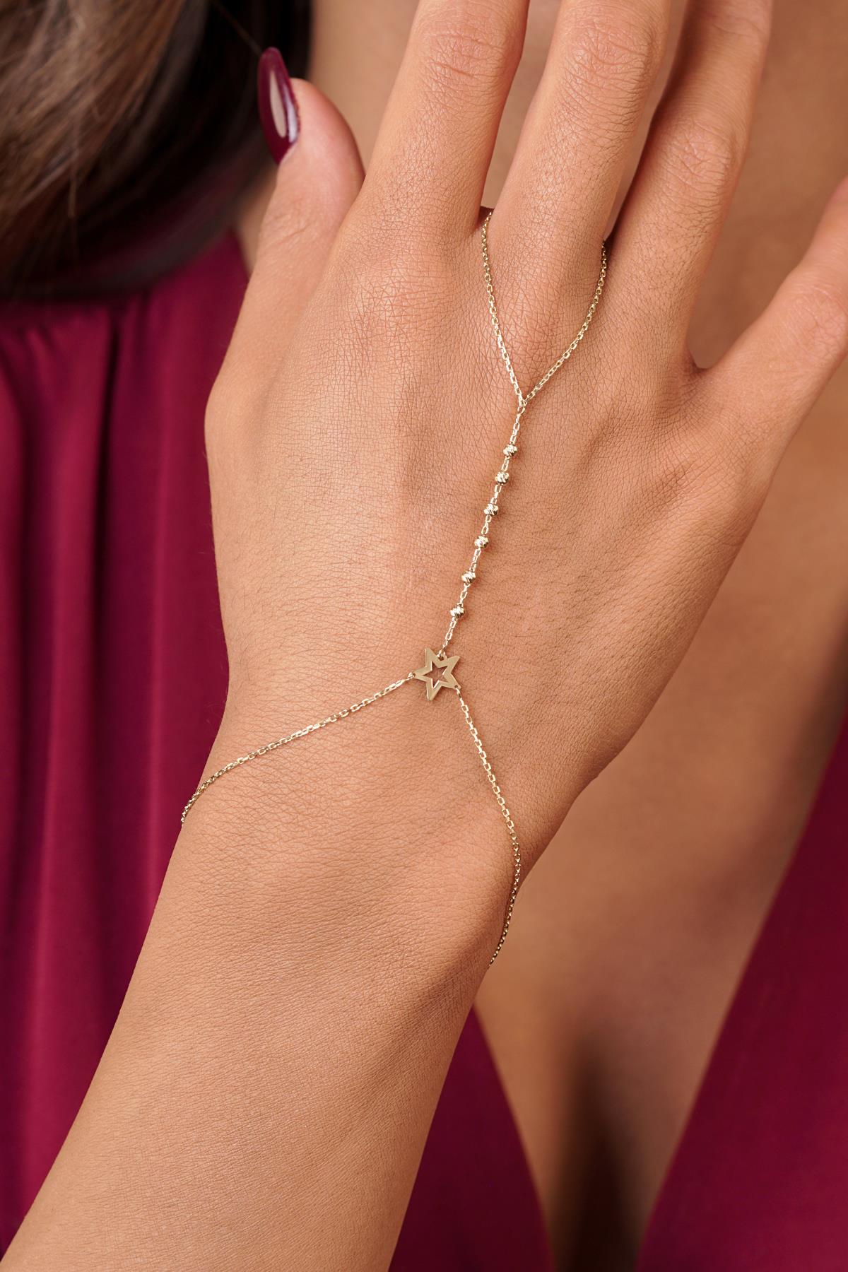 14K Gold Beaded Hand Chain with Star Detail