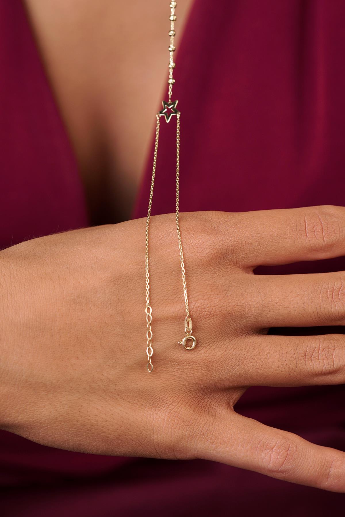 14K Gold Beaded Hand Chain with Star Detail