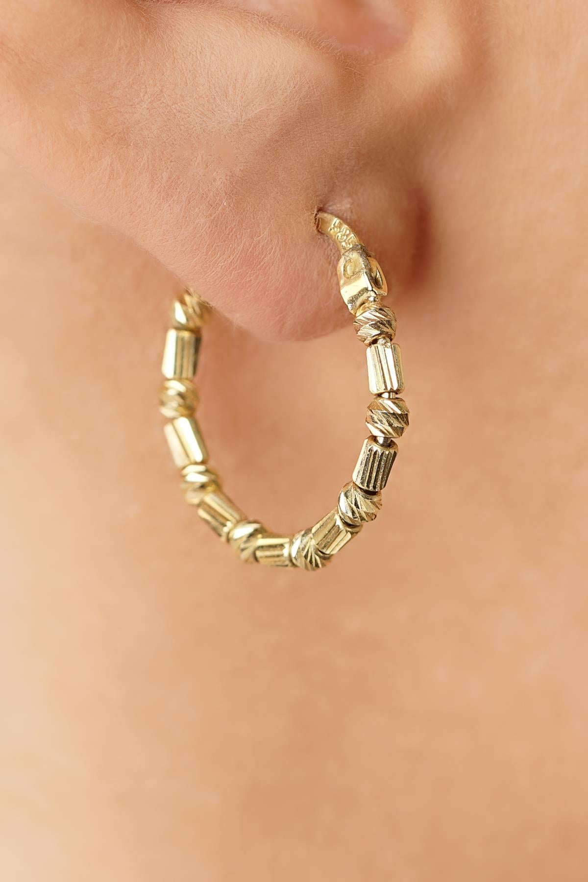 14K Gold Beaded Roller Style Hoops