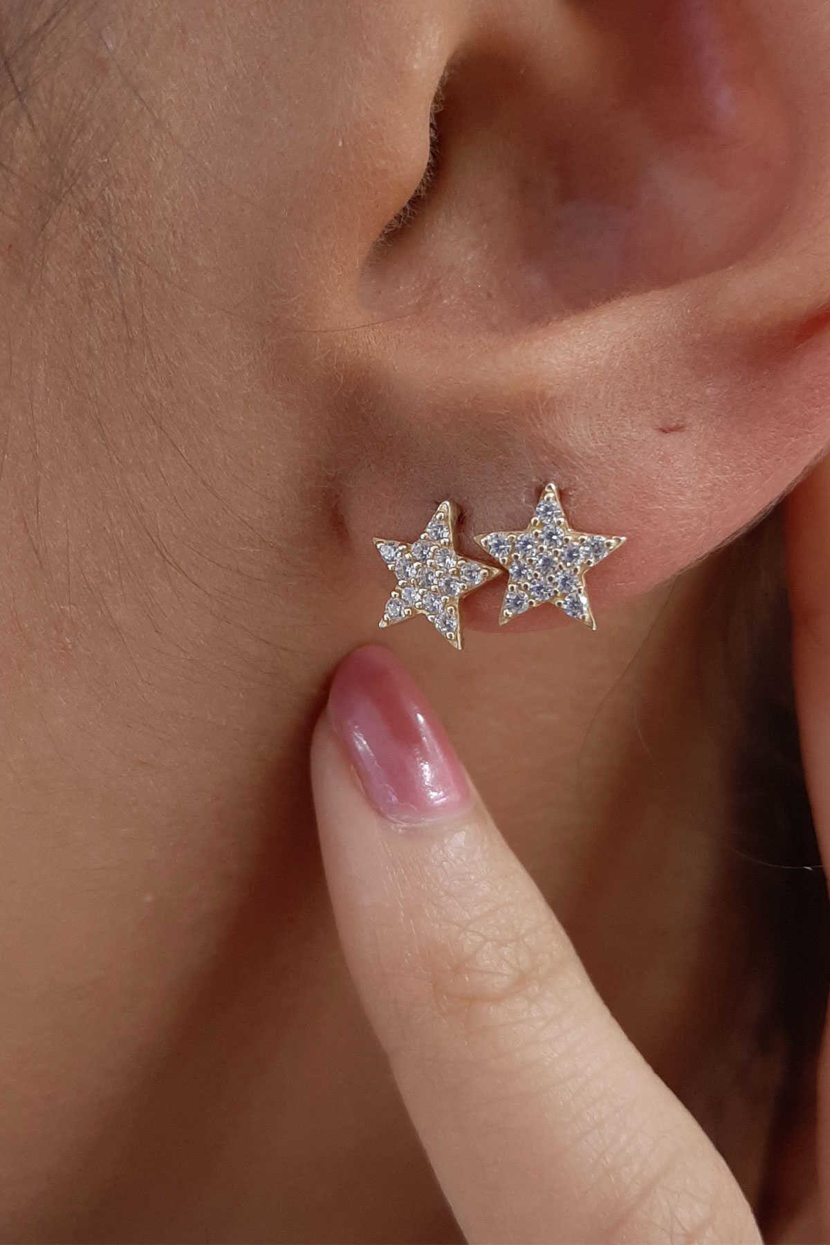 14K Gold Big Star Stone Stud Earrings