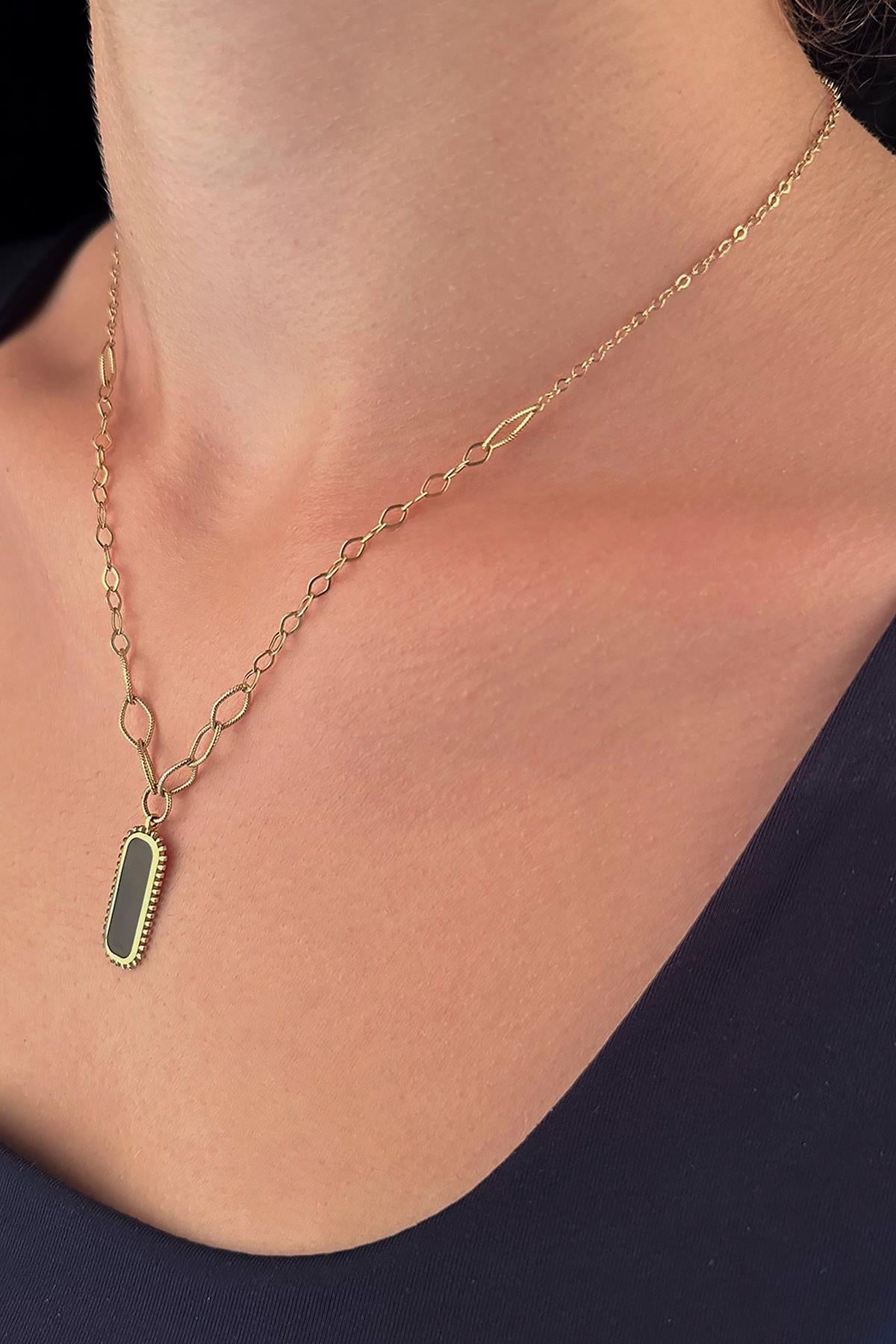 14K Gold Black Enamel Rectangular Necklace