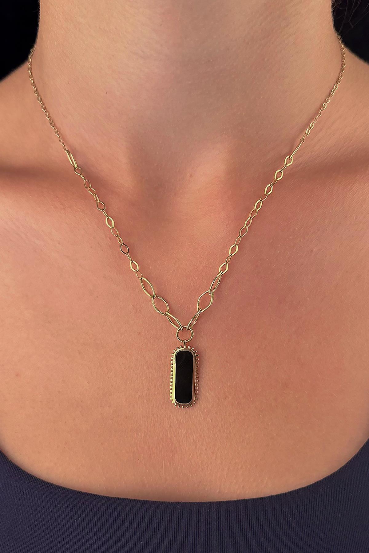 14K Gold Black Enamel Rectangular Necklace