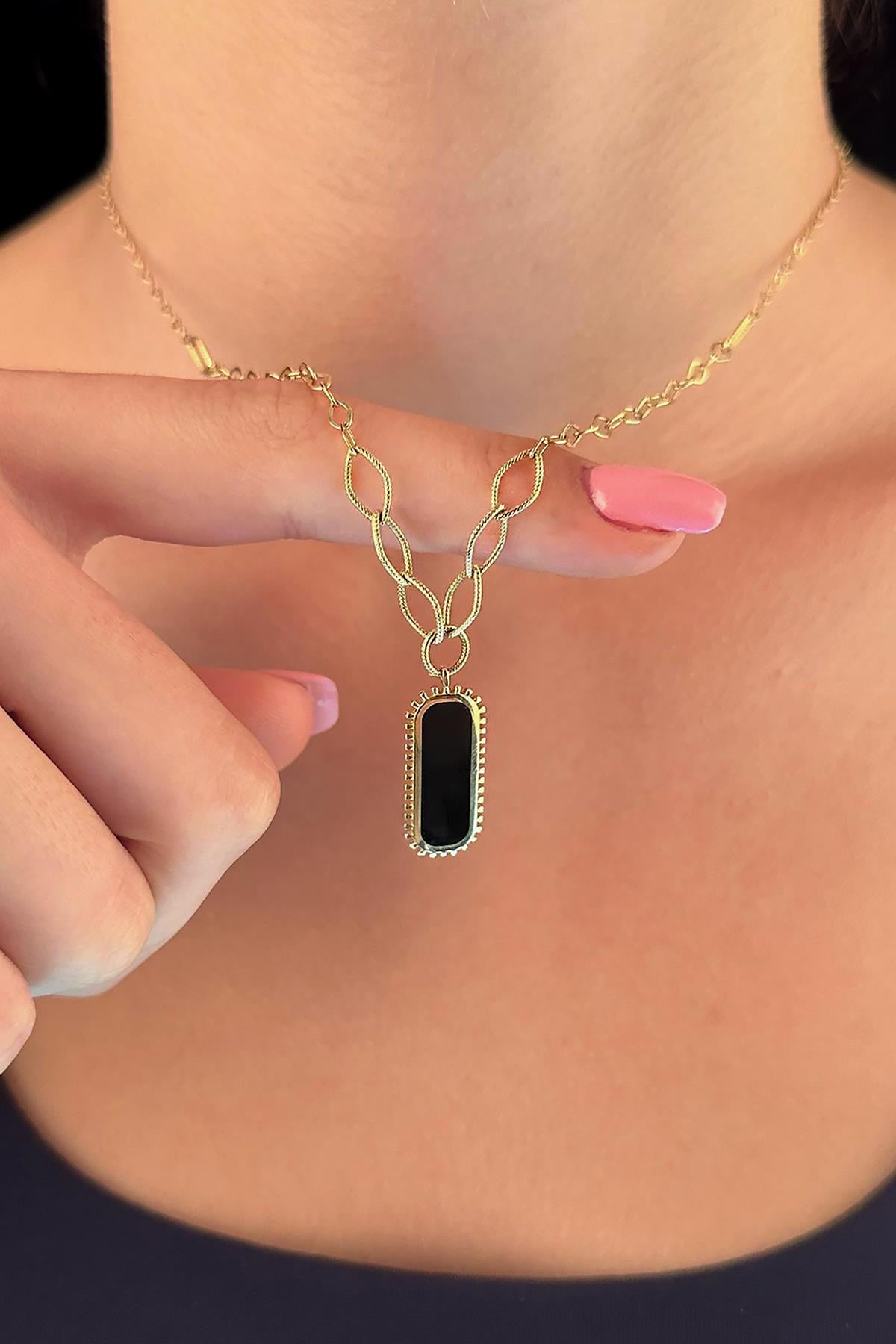 14K Gold Black Enamel Rectangular Necklace