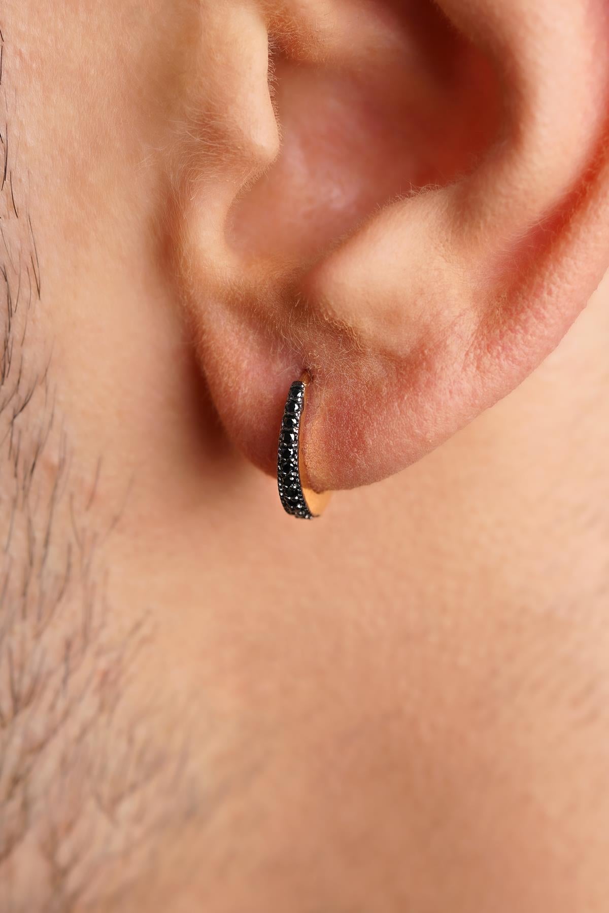 14K Solid Gold Black Stone Huggie Hoop Earrings