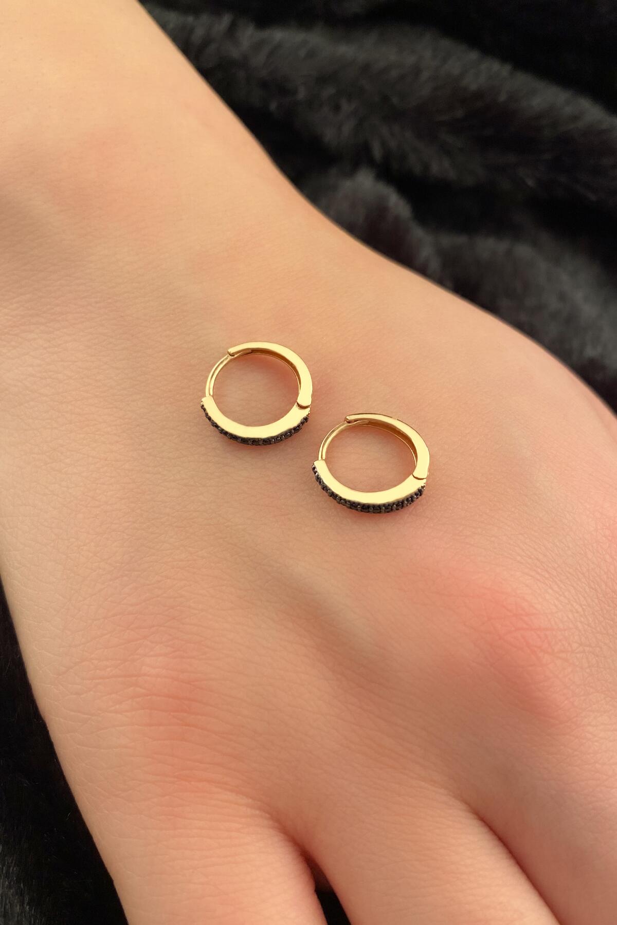 14K Gold Black Stone Huggie Hoop Earrings