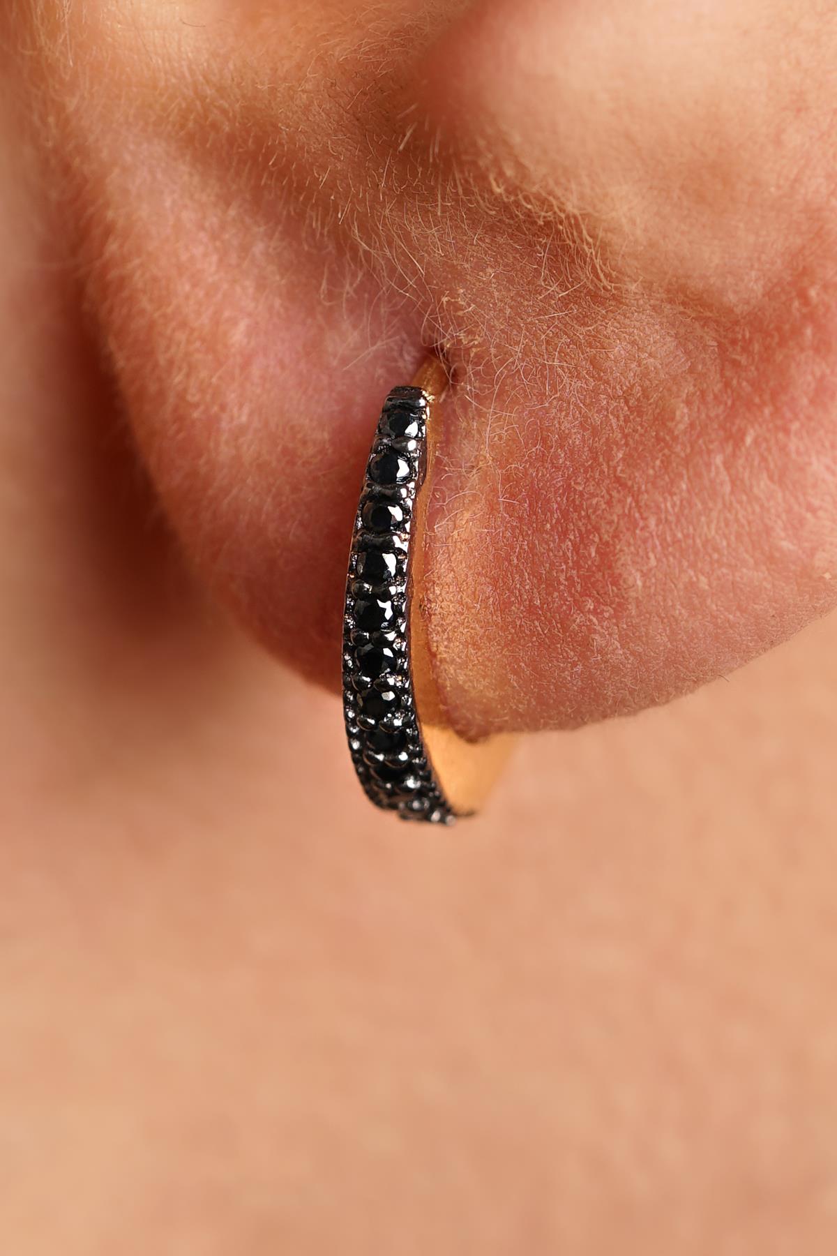 14K Gold Black Stone Huggie Hoop Earrings