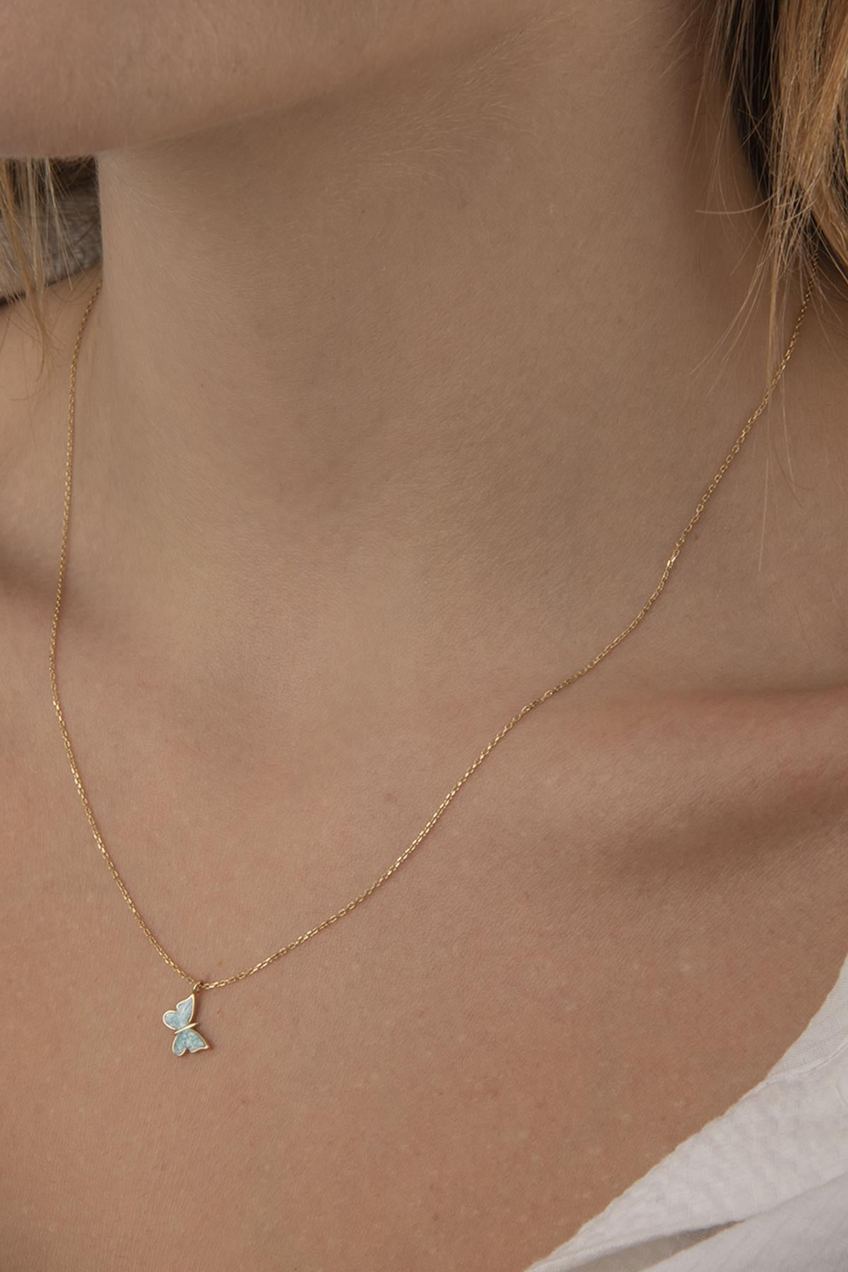 14K Gold Blue Enamel Butterfly Necklace