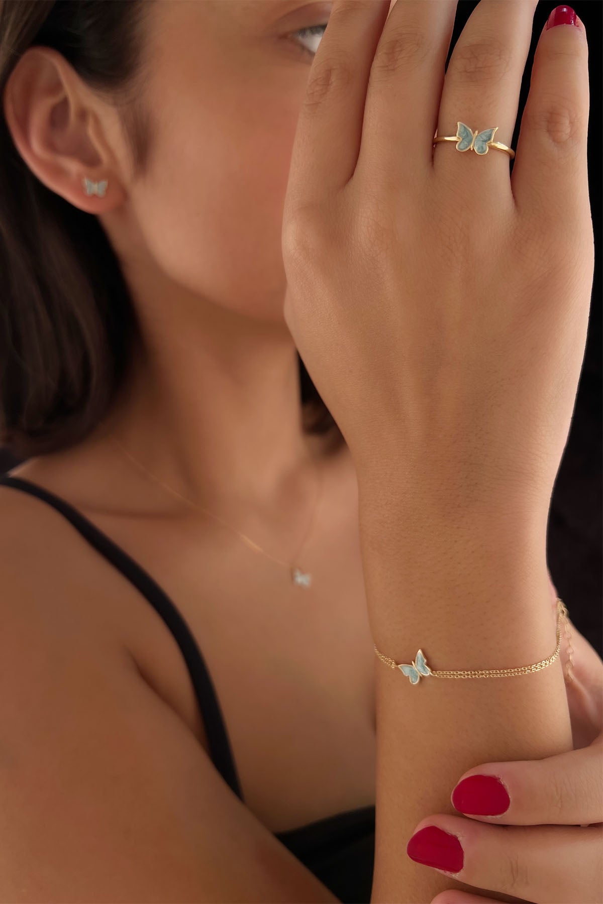 14K Gold Blue Enamel Butterfly Shape Set