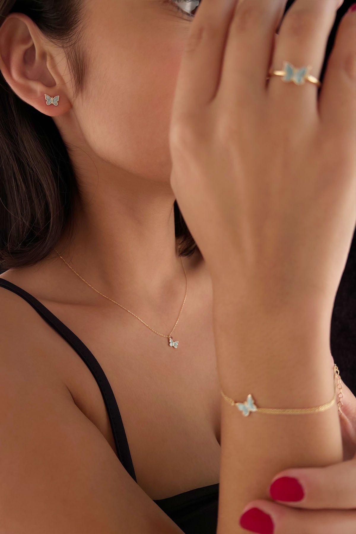 14K Gold Blue Enamel Butterfly Shape Set