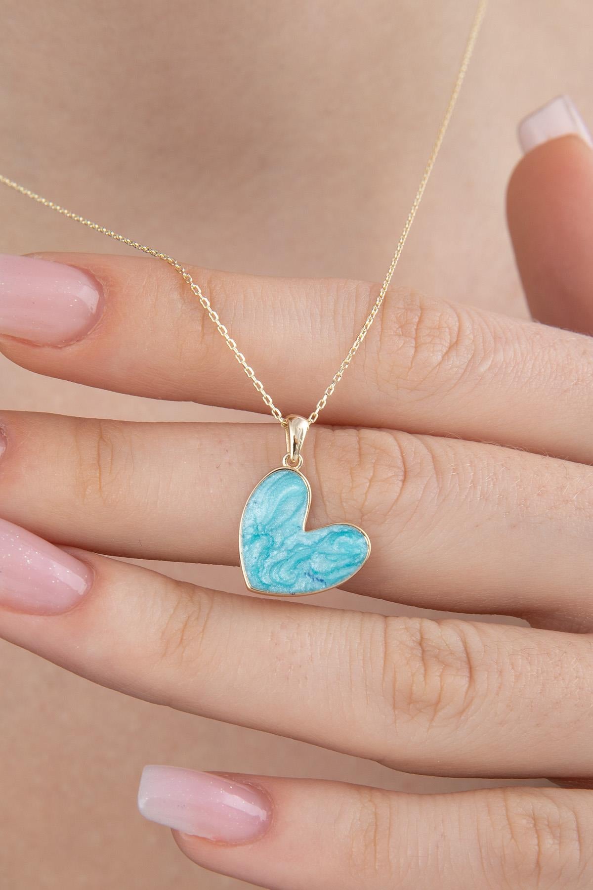 14K Gold Blue Enamel Heart Shape Necklace