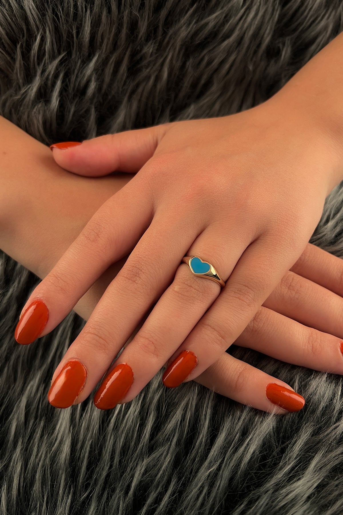 14K Gold Blue Enamel Heart Shaped Ring