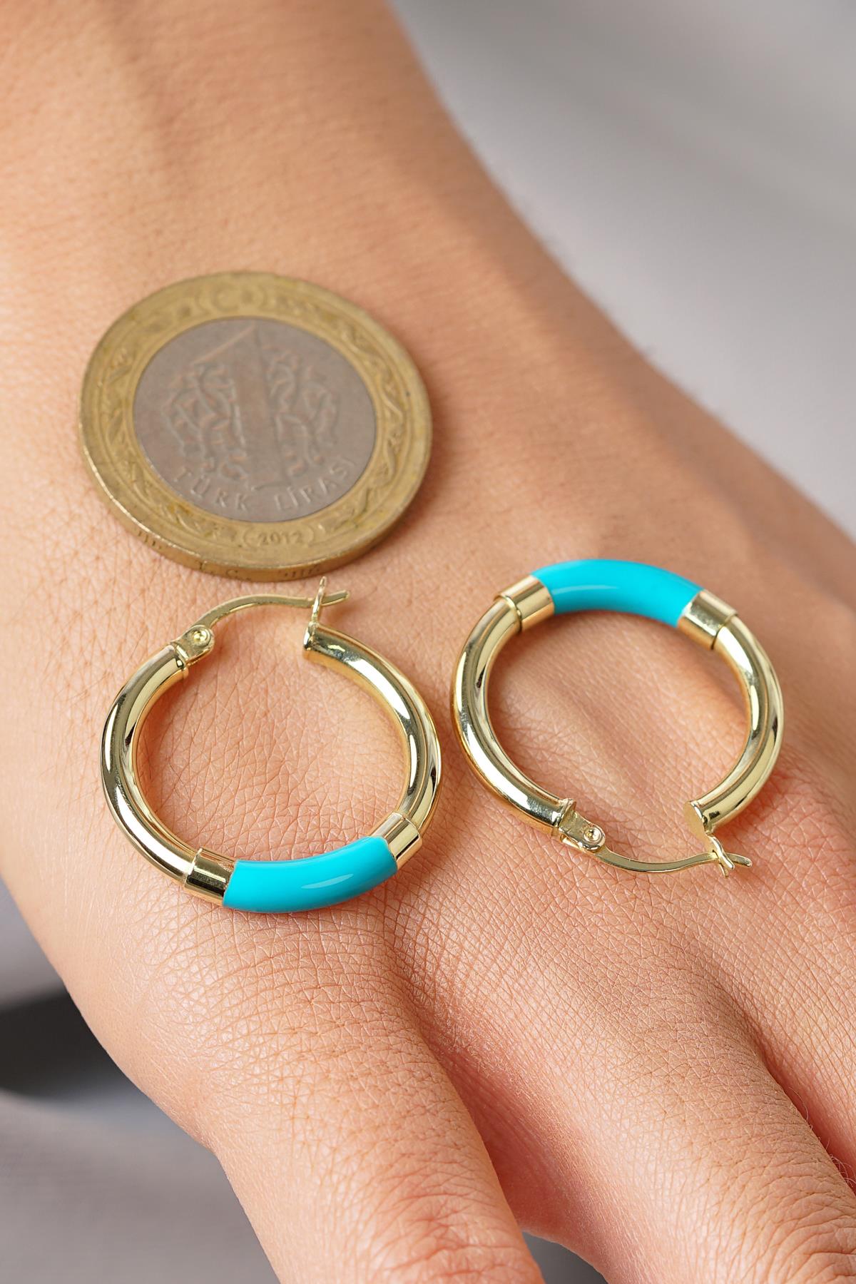 14K Gold Blue Enamel Hoop Earrings