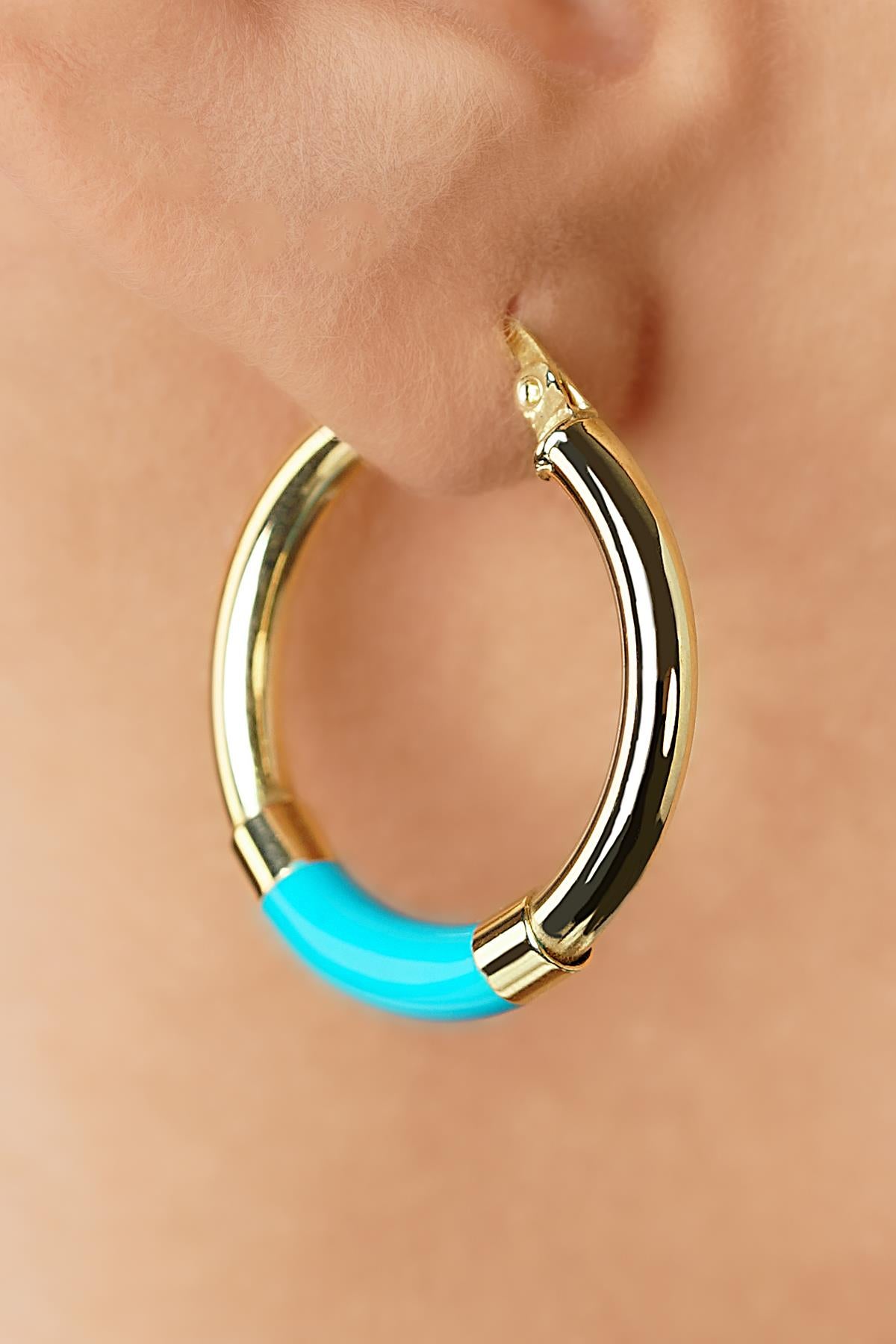 14K Gold Blue Enamel Hoop Earrings