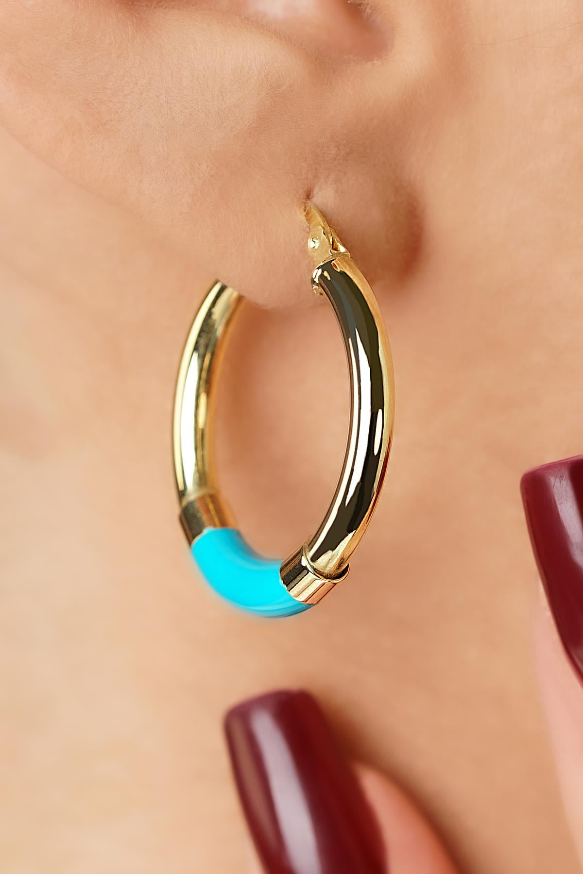 14K Gold Blue Enamel Hoop Earrings