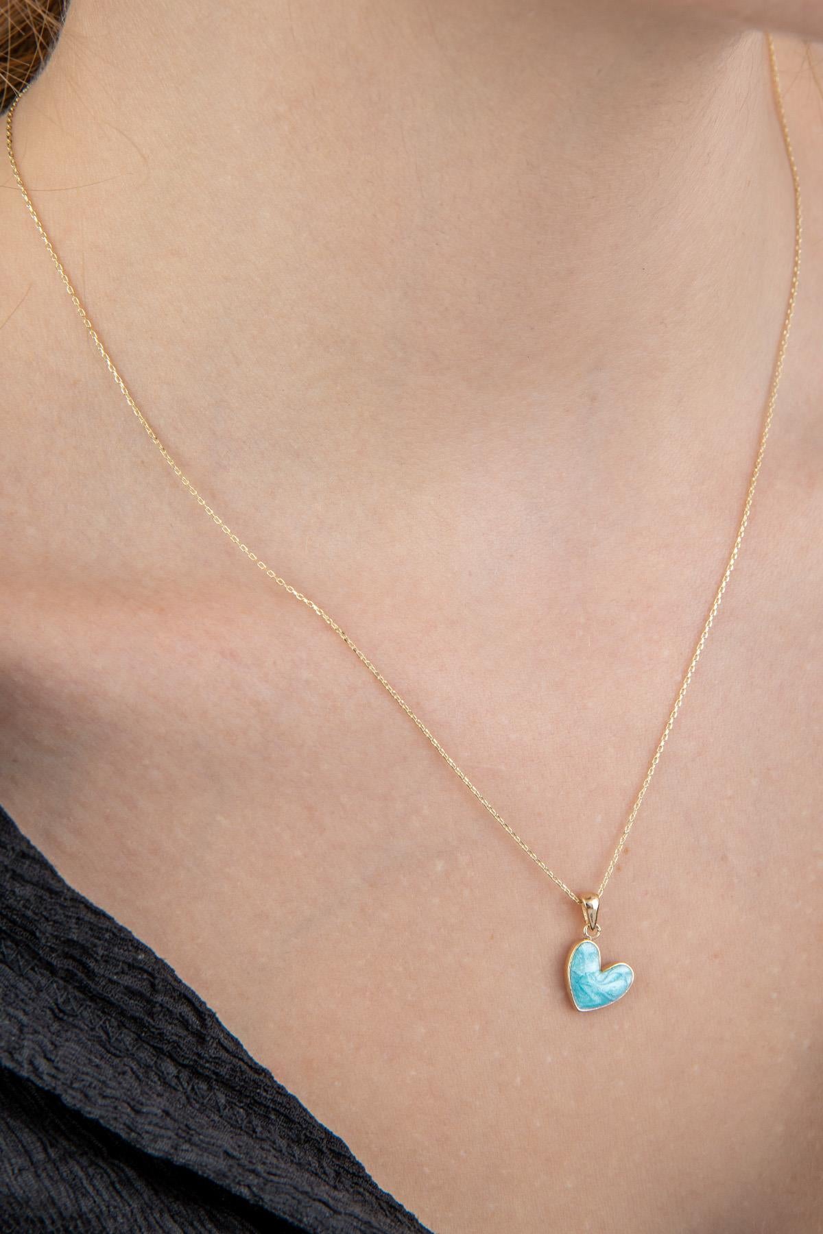 14K Gold Blue Enamel Small Heart Shape Necklace
