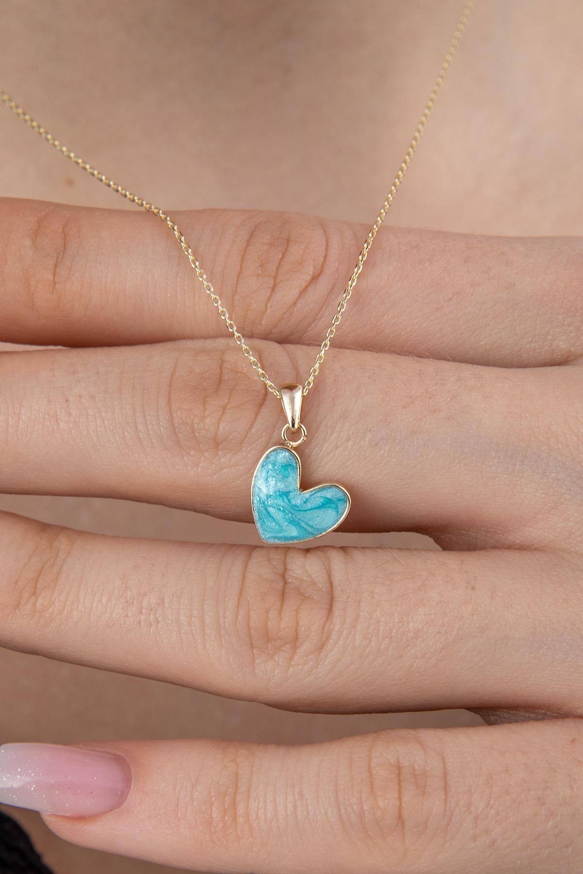 14K Gold Blue Enamel Small Heart Shape Necklace