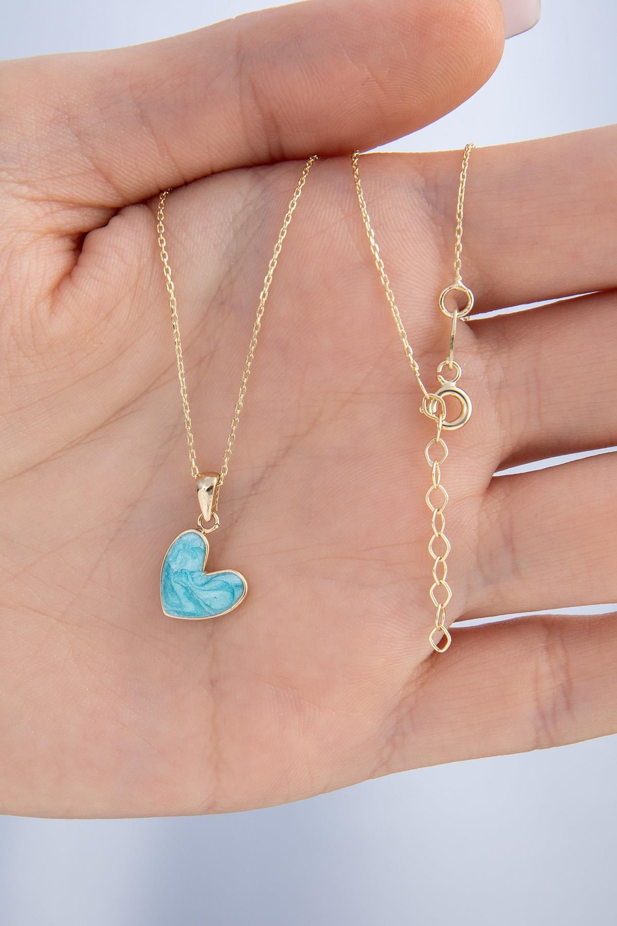 14K Gold Blue Enamel Small Heart Shape Necklace