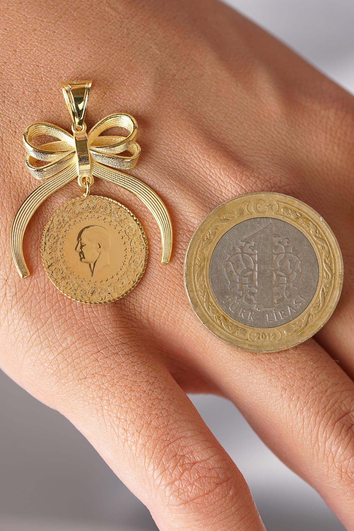 14K Gold Bow Motif Coin Frame Pendant