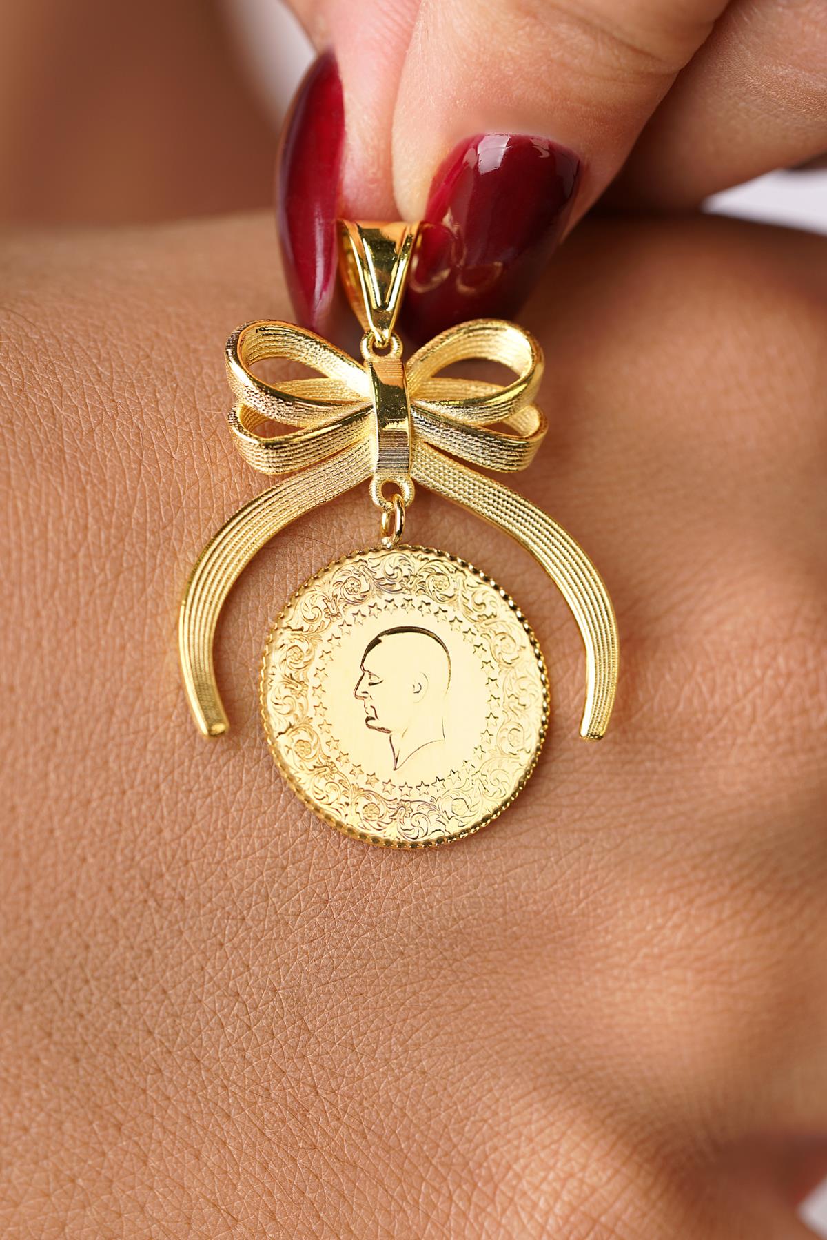 14K Solid Gold Bow Motif Coin Frame Pendant