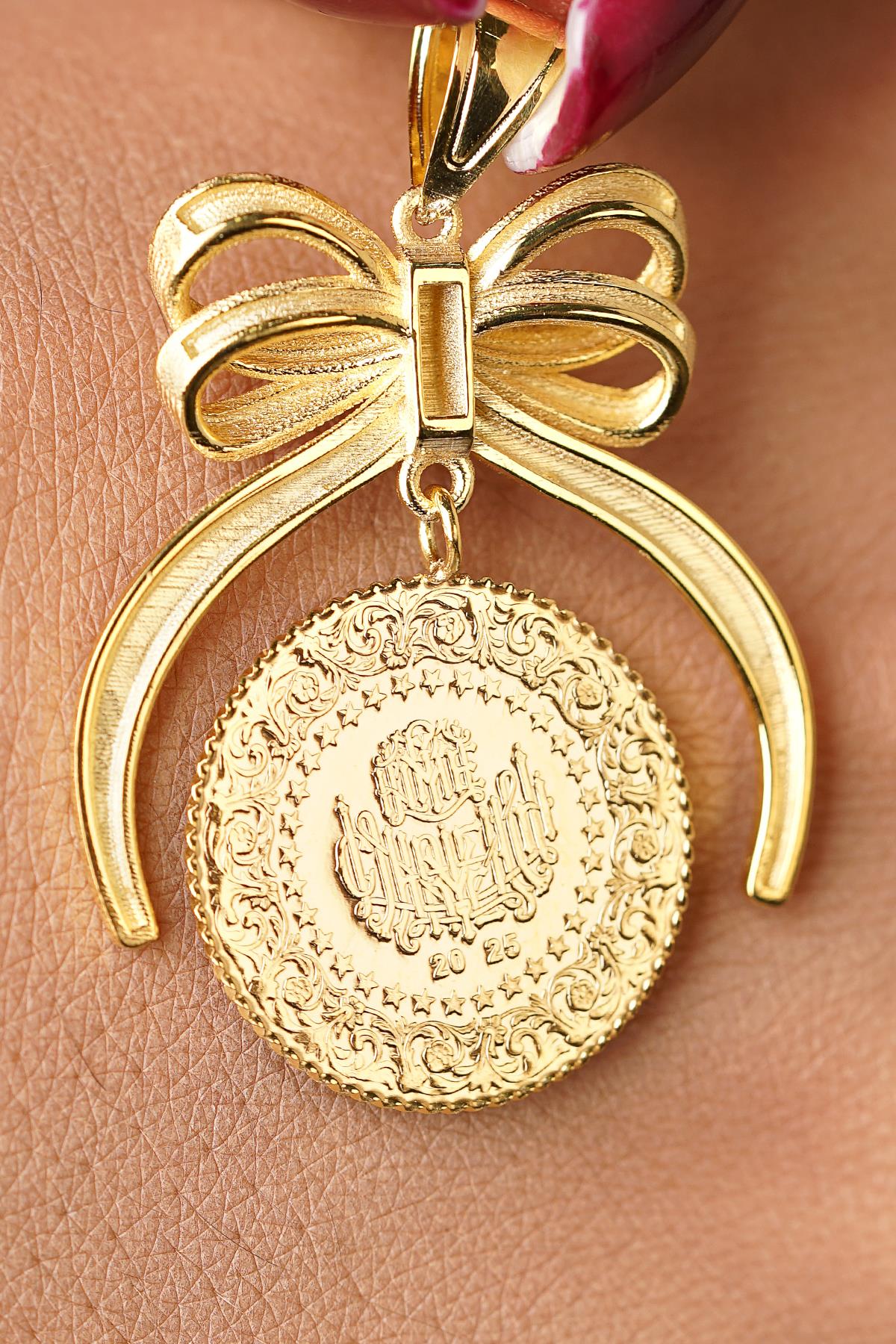 14K Solid Gold Bow Motif Coin Frame Pendant