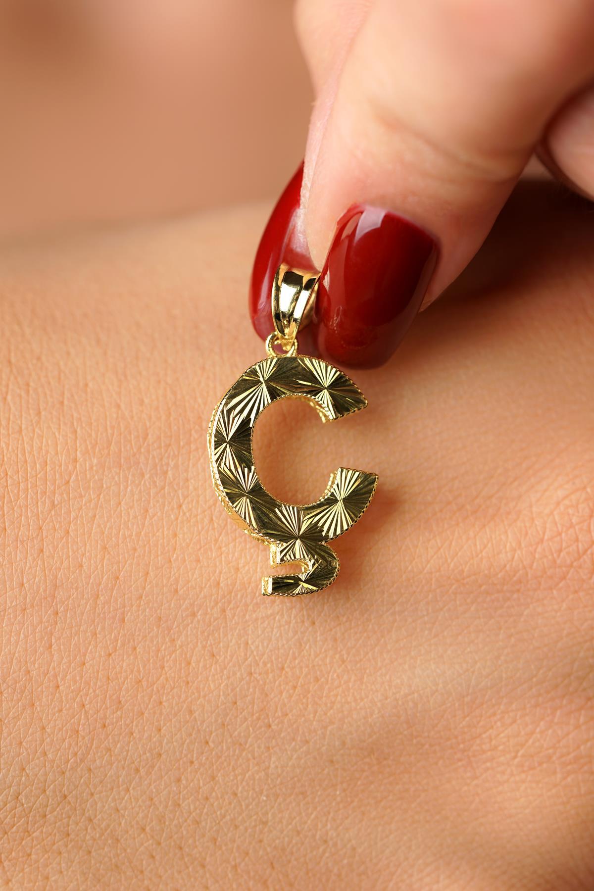 14K Solid Gold Ç Letter Mini Shine Pendant