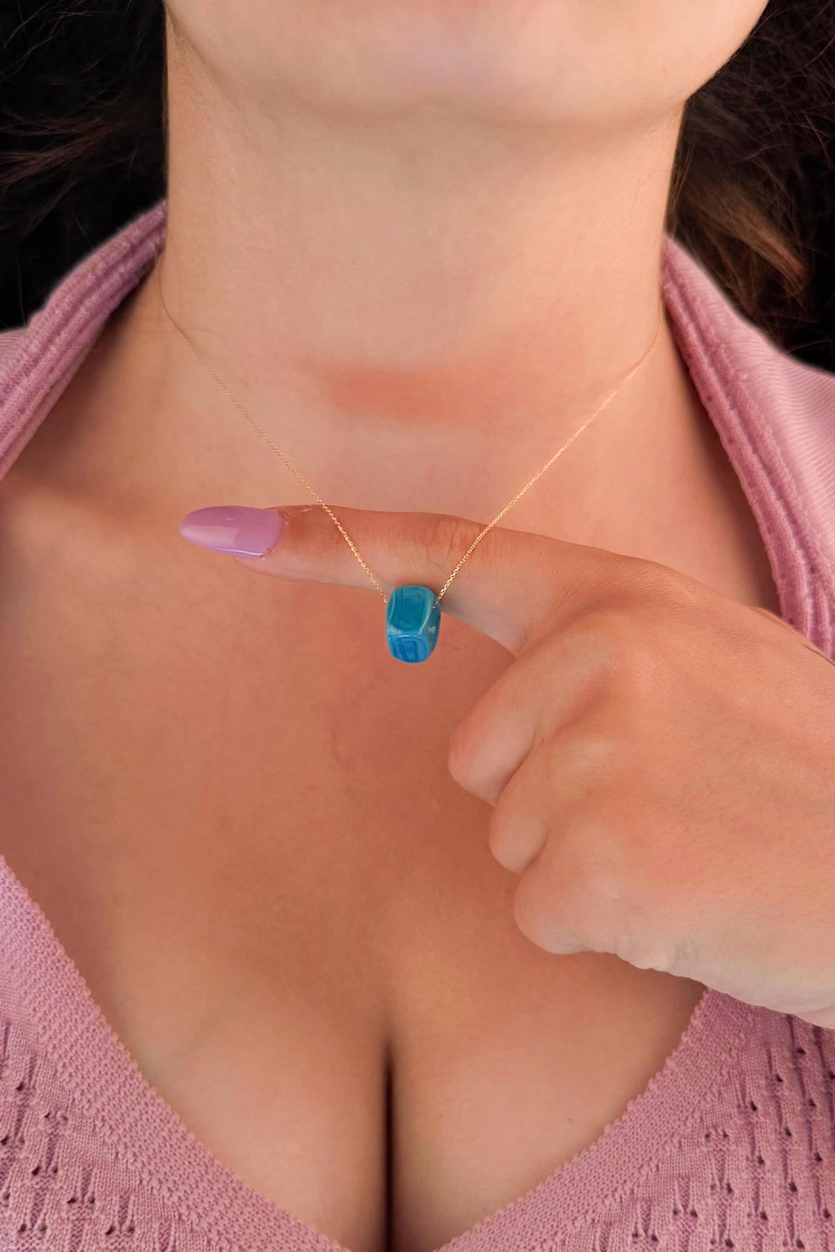 14K Gold Cable Blue Cube Necklace