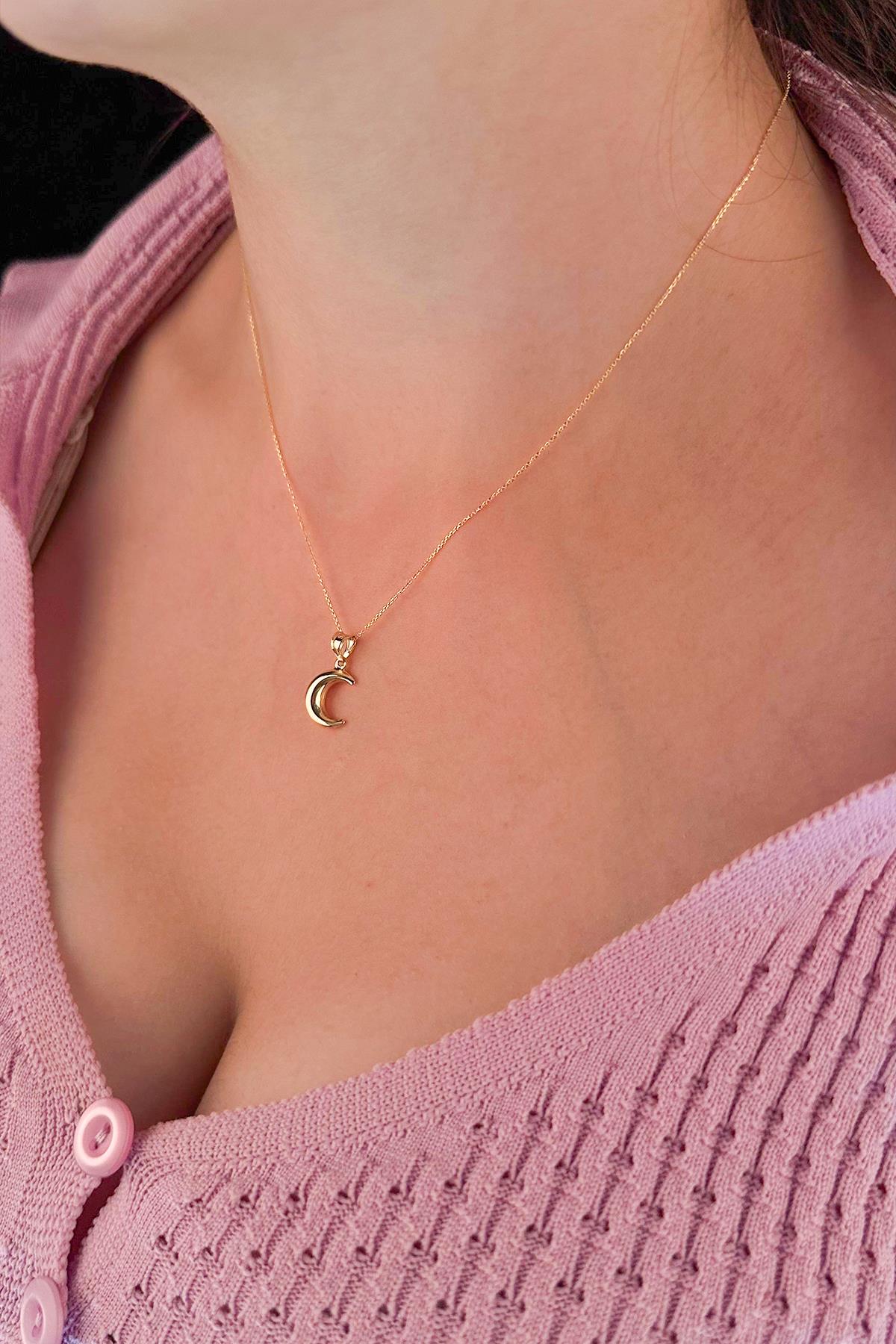 14K Gold Cable Puff Crescent Necklace