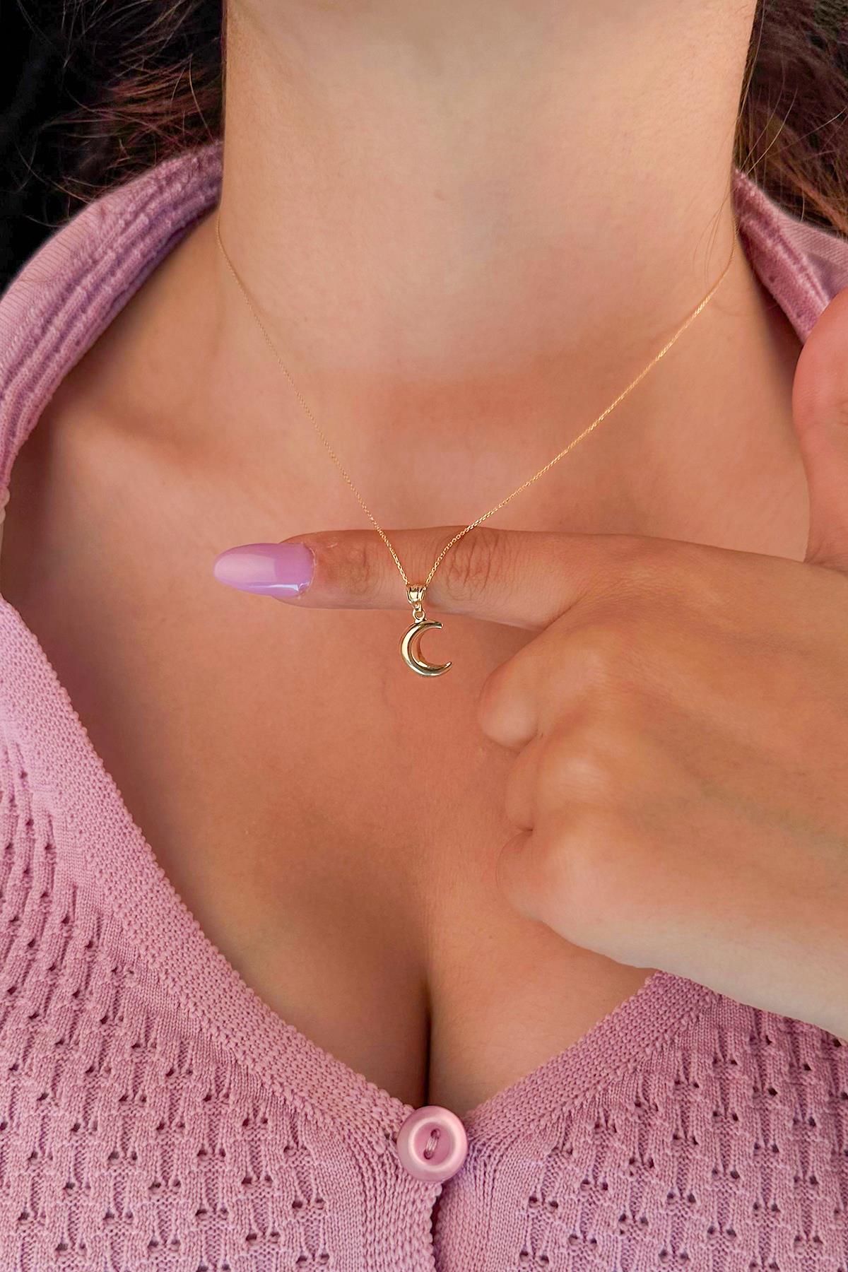 14K Gold Cable Puff Crescent Necklace