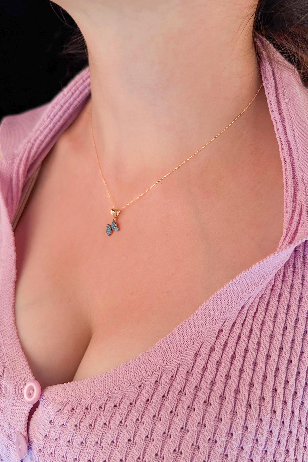 14K Gold Cable Turquoise Stone Butterfly Necklace