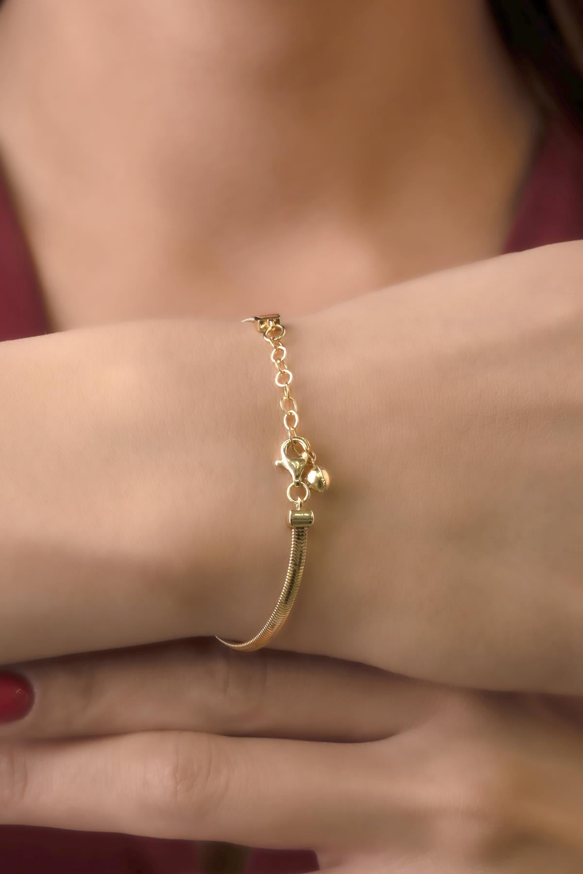 14K Gold Classic Snake Chain Bracelet With Puffy Heart Evil Eye Charm